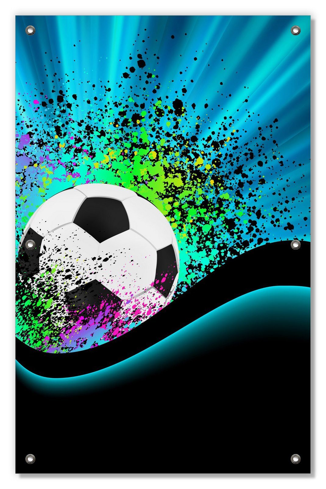 Sonnenschutz Fußball - Design Wellen und Regenbogen in blau, Wallario, blickdicht, mit Saugnäpfen, wiederablösbar und wiederverwendbar