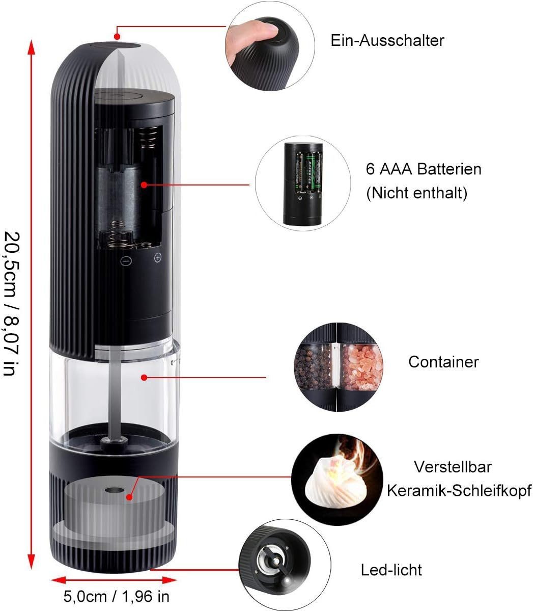 feinlux Grinder Pfeffermühle elektrisch, Batteriebetriebenen Gewürzmühle, Batterien, LED-Licht und Einstellbarer Grobheit, (2 Stück)