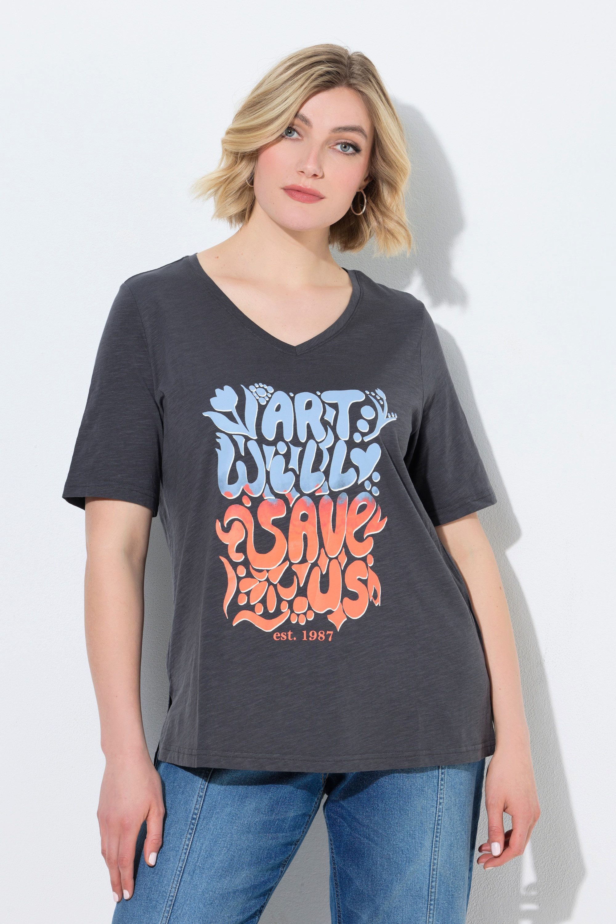 Ulla Popken T-Shirt T-Shirt Schriftmotiv Classic V-Ausschnitt Halbarm