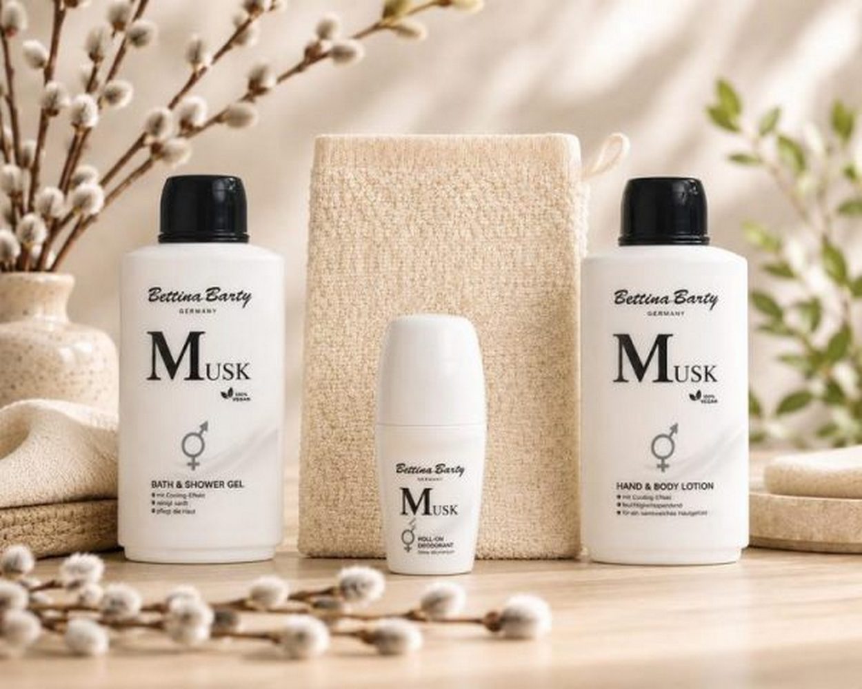 Bettina Barty Pflege-Geschenkset Musk Geschenkset – Duschgel, Bodylotion, Deo Roll-On & Waschhandschuh Spar-Set