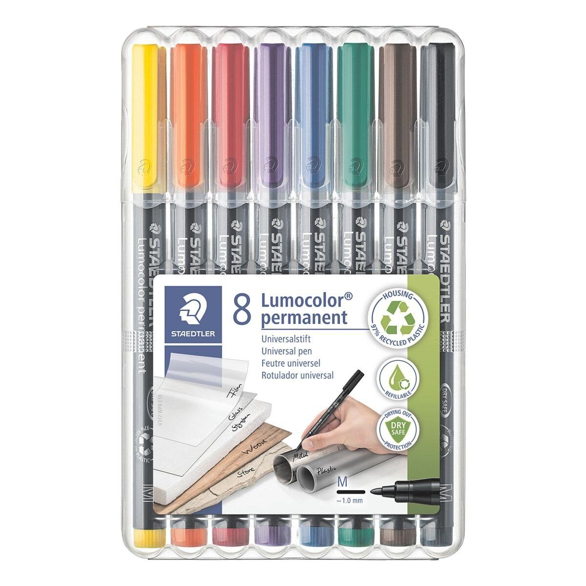 STAEDTLER (8-tlg), rot, wasserfest Permanentmarker orange, braun und wisch- grün, permanent Lumocolor M, violett, schwarz, blau, gelb,