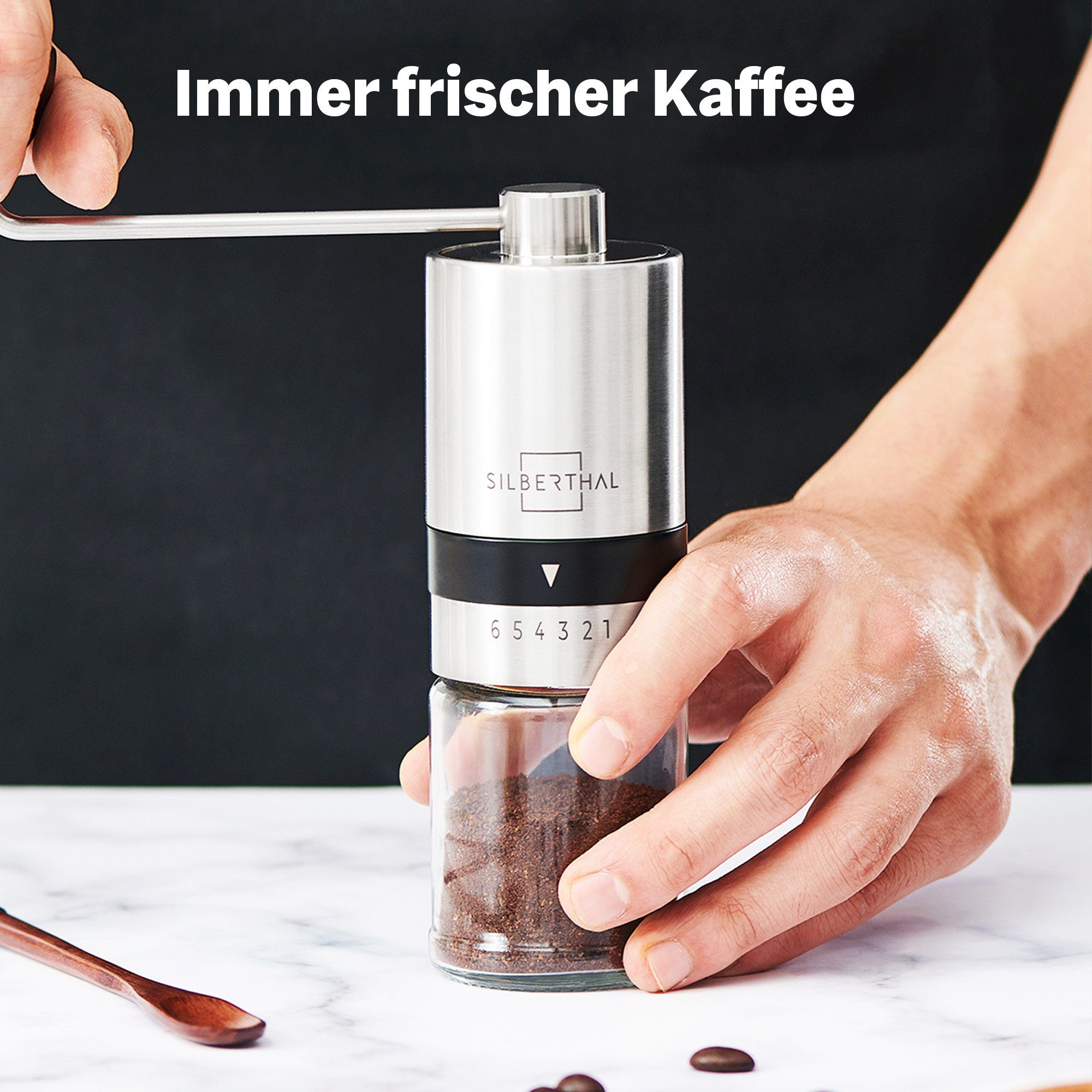 SILBERTHAL Kaffeemühle Manuell Edelstahl, Kegelmahlwerk, 17,00 g Bohnenbehälter, Handmühle aus Edelstahl mit Ersatzglas und Reinigungspinsel