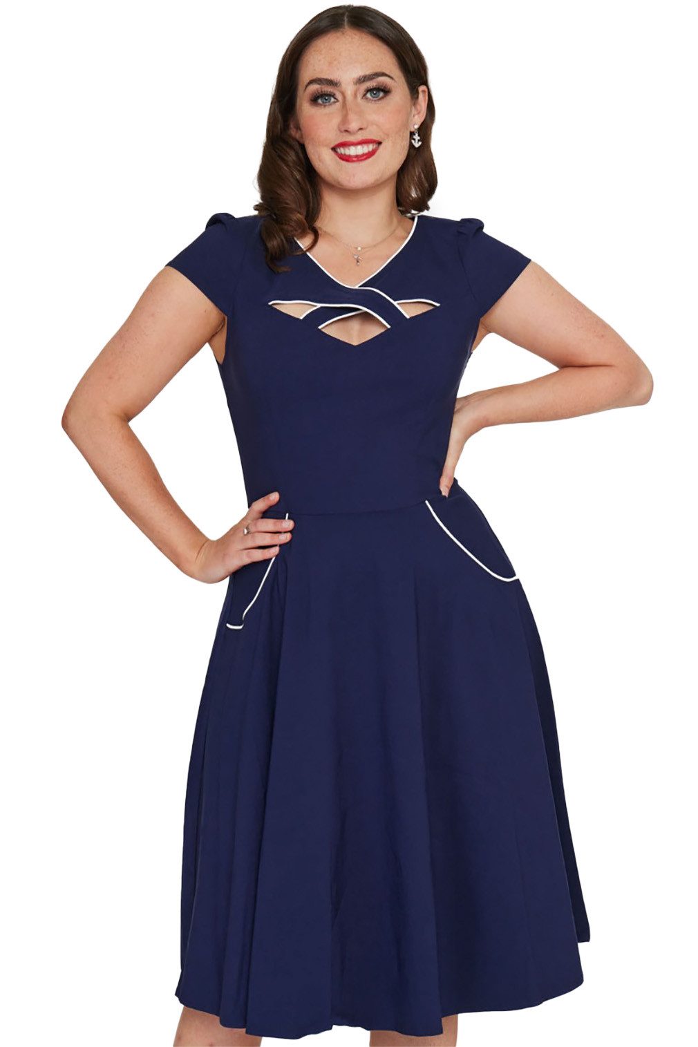 Voodoo Vixen A-Linien-Kleid Connie 1950's Contrast Piping Navy Vintage Rockabilly Retro