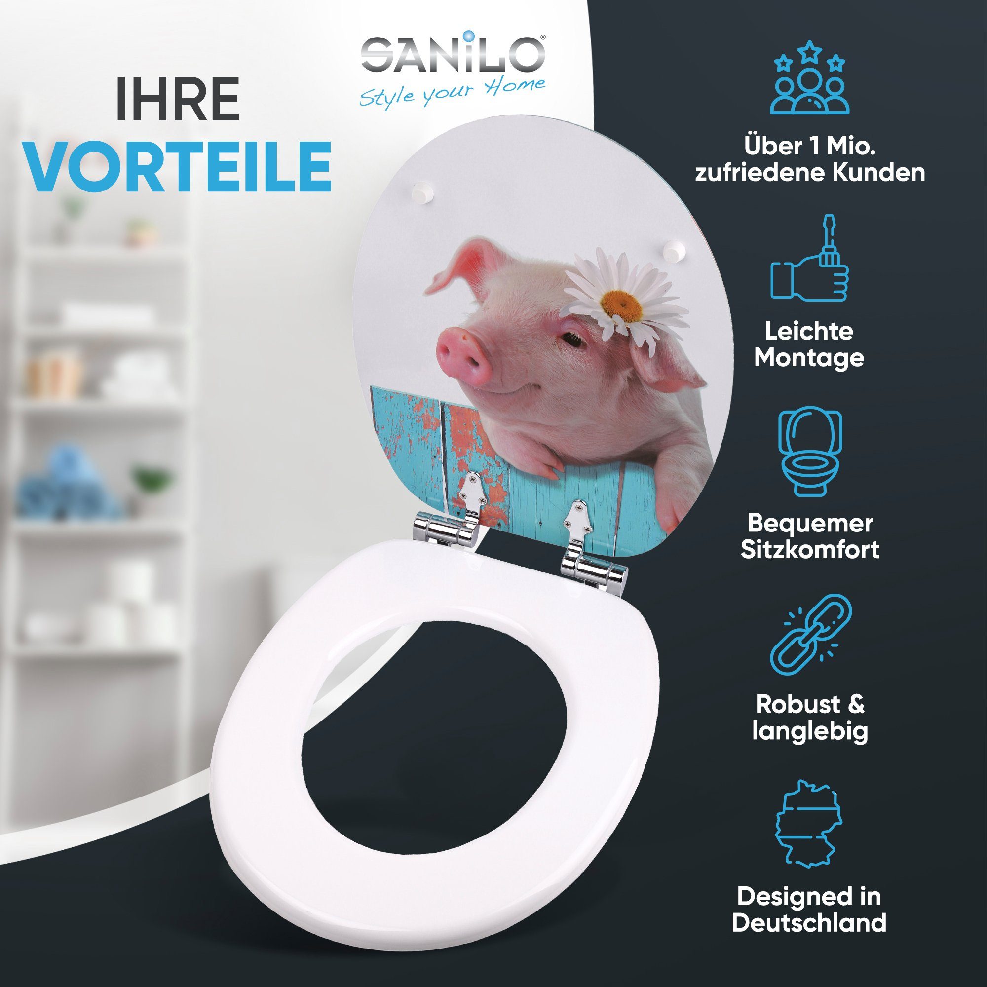 Sanilo WC-Sitz Schwein mit Absenkautomatik, Toilettendeckel direkt vom Hersteller, hochwertig & moderner Klodeckel mit Motiv, universell, leichte Montage – Bild 2 von 5