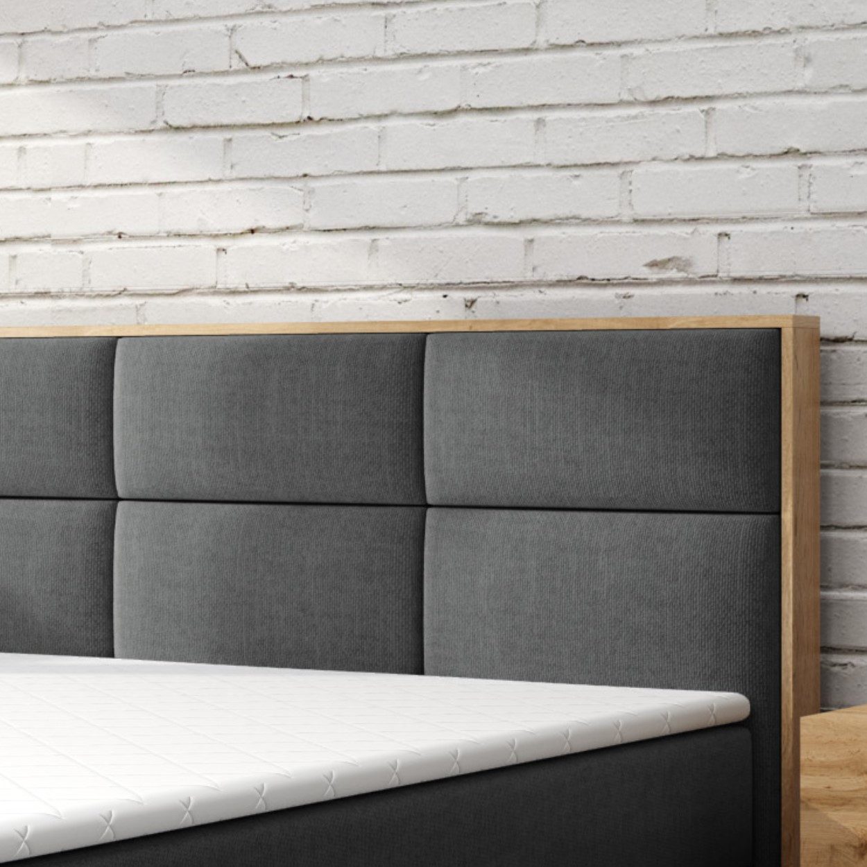 M-Punkt24 Boxspringbett Stockholm (180 x 200 cm), Eiche Holz, mit Bettkasten, mit Topper