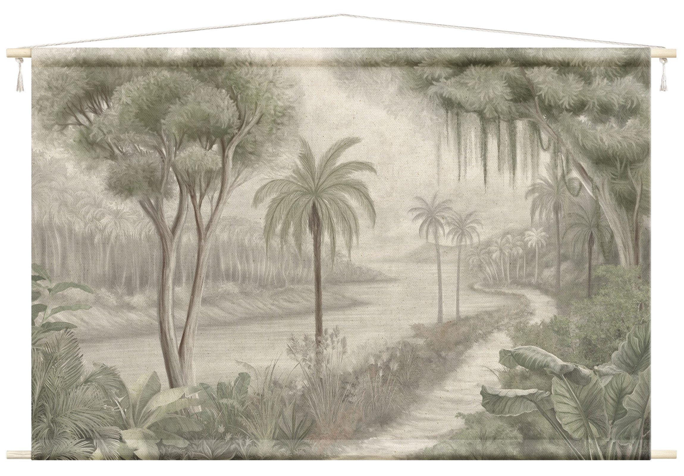 Bilderdepot24 Wandteppich modern Wald Tropisch Dschungel Natur Vintage grün, rechteckig, Höhe: 2.6 mm, großes Wandbild aus Natur-Baumwolle Wandbehang Stoffbild Tuch Wollseil