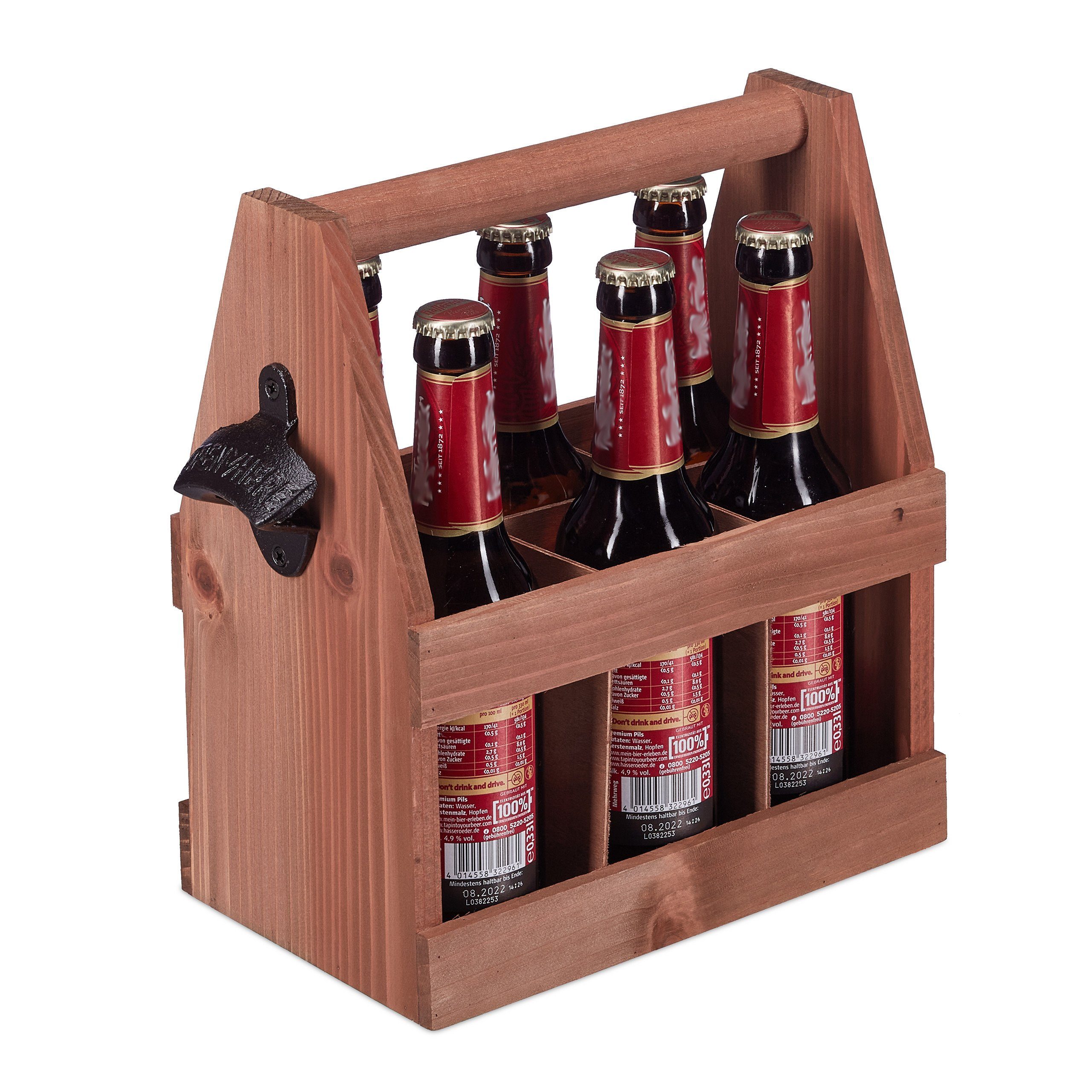 relaxdays Flaschenkorb Bierträger aus Holz mit Flaschenöffner günstig online kaufen