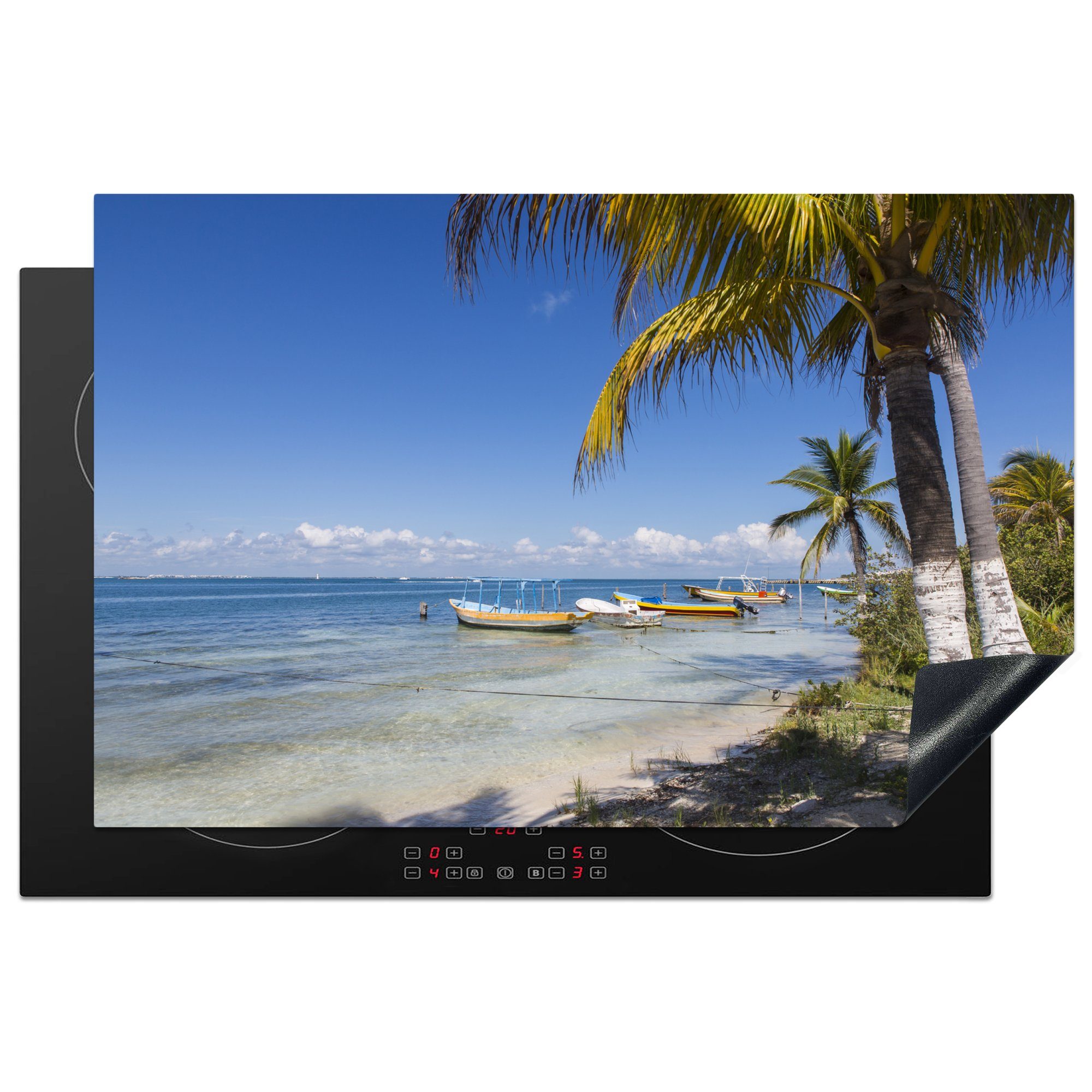 MuchoWow Herdblende-/Abdeckplatte Der Strand der nordamerikanischen Isla Mujeres mit Booten, Vinyl, (1 tlg), 81x52 cm, Induktionskochfeld Schutz für die küche, Ceranfeldabdeckung