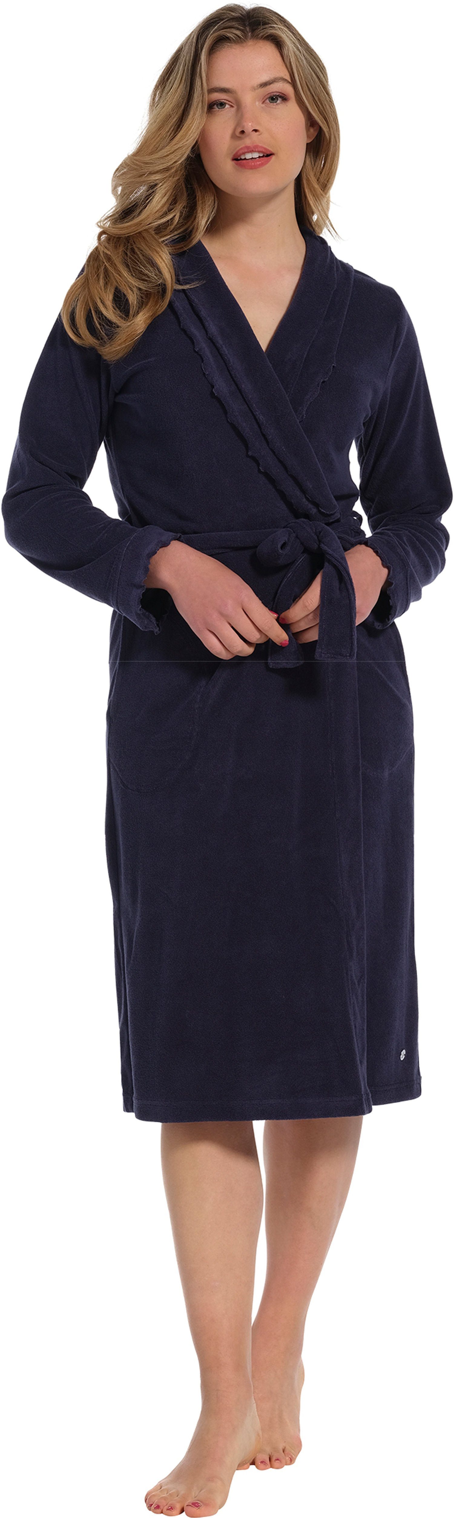 Pastunette Damenbademantel Damen Bademantel, midi, Baumwollmischung, Schalkragen, Gürtel, mit Rüschen