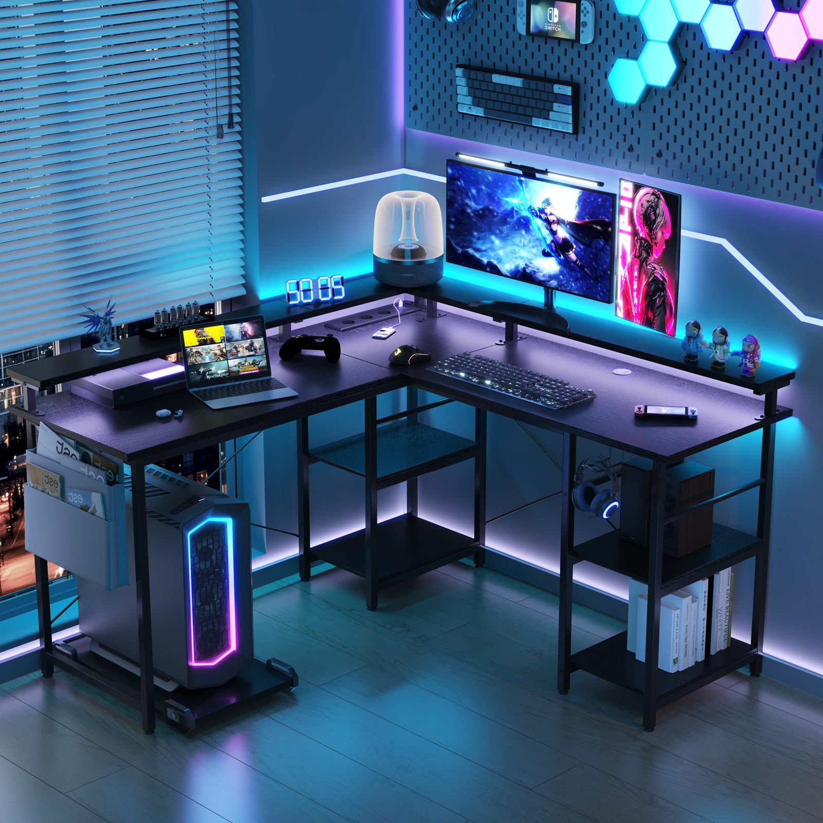 BBWL Computertisch L-förmiger Gaming-Schreibtisch mit LED, Steckdose, Monitorständer, 140 x 140 x 85 cm,mit Ablagefach, langer 2-Personen-Schreibtisch