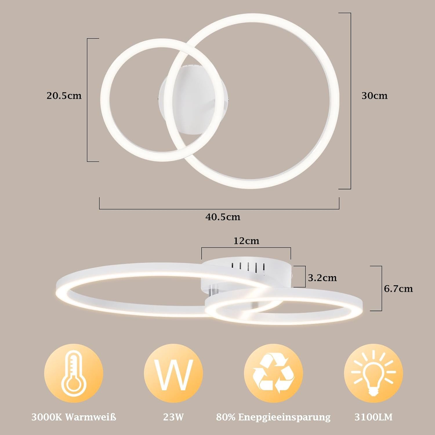 Nettlife LED Deckenleuchte Wohnzimmer 2 Ringe Schwarz/Weiß/Silber Modern 23W Deckenlampe 40.5CM, Nicht dimmbar, LED fest integriert, Warmweiß, für Wohnzimmer Schlafzimmer Flur Büro Balkon Küche