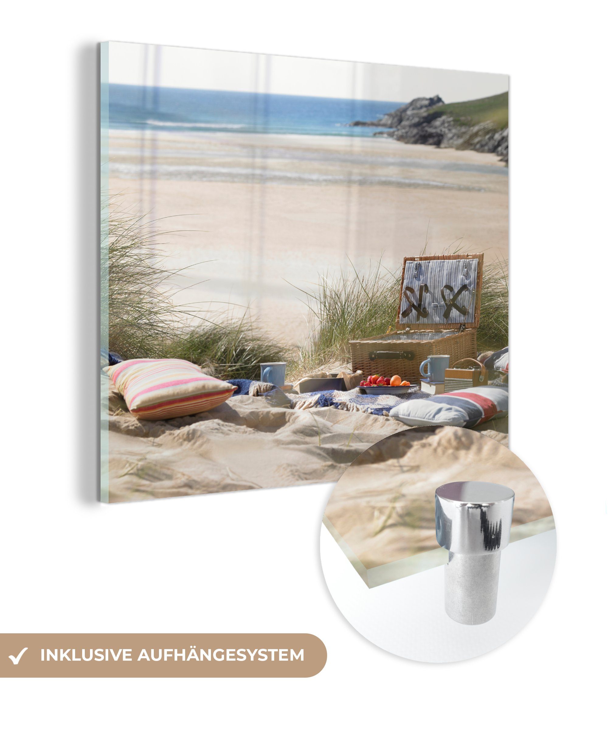 MuchoWow Acrylglasbild Picknick in den Dünen in der Nähe des Strandes, (1 St), Glasbilder - Bilder auf Glas Wandbild - Foto auf Glas - Wanddekoration | Bilder