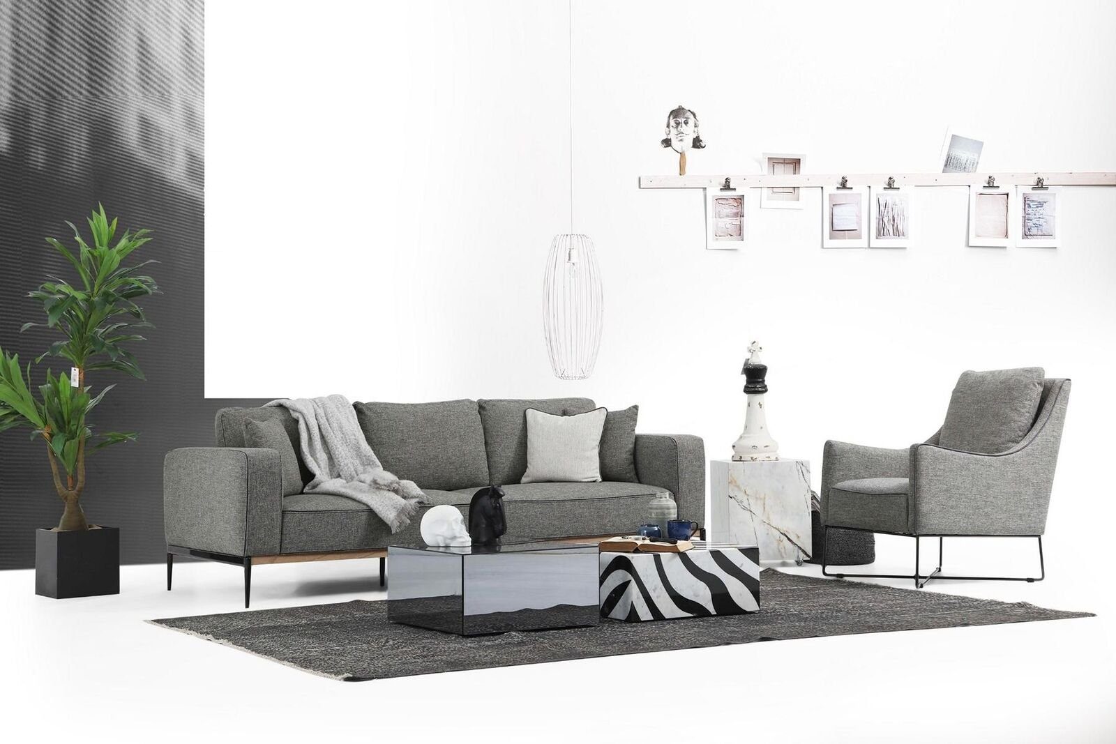 JVmoebel Wohnzimmer-Set Sofagarnitur 4 Sitzer Sessel Viersitzer Stoff Sofas Modern Design Grau, (2-St., 1x 4-Sitzer + 1x Sessel), Made in Europa