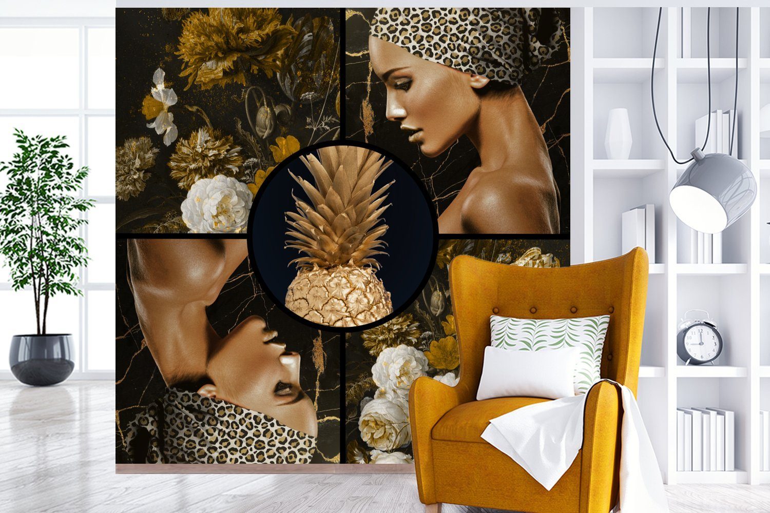 Blumen, Fototapete Matt, St), (5 Schlafzimmer, - oder für - Wandtapete Wohnzimmer Tapete bedruckt, MuchoWow Schwarz Frauen Vinyl Gold -