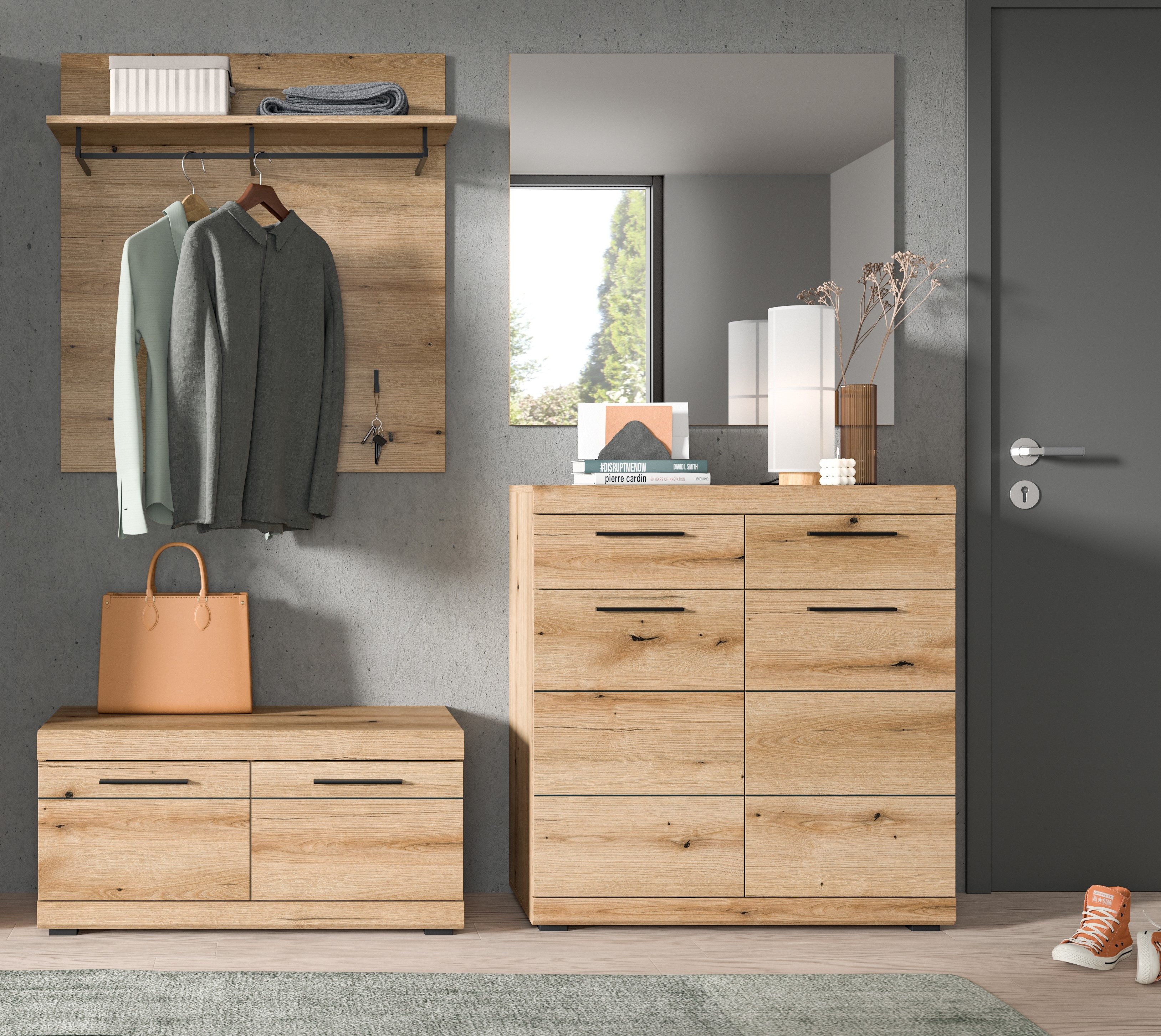 furnling Garderoben-Set Scott, (3-St., Garderobenpaneel, Schuhkommode, Sitzbank, Spiegel), Flurmöbel, Garderobenmöbel, Breite 195 cm, Evoke Oak Nachbildung