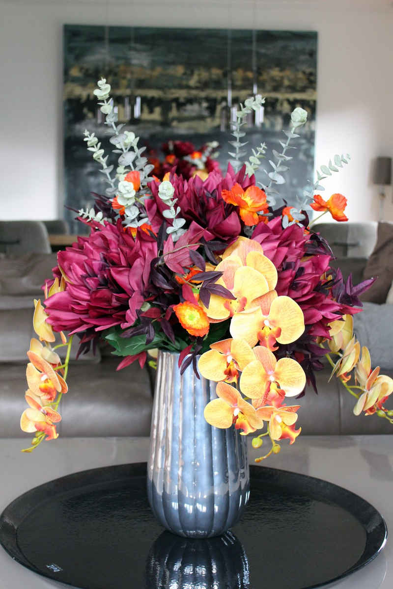 Kunstblumenstrauß Herbstzauber 60cm Premium Kunstblumen handgebunden Orchidee, Arnusa, Höhe 70 cm, künstlicher Blumenstrauß Blumenarragement