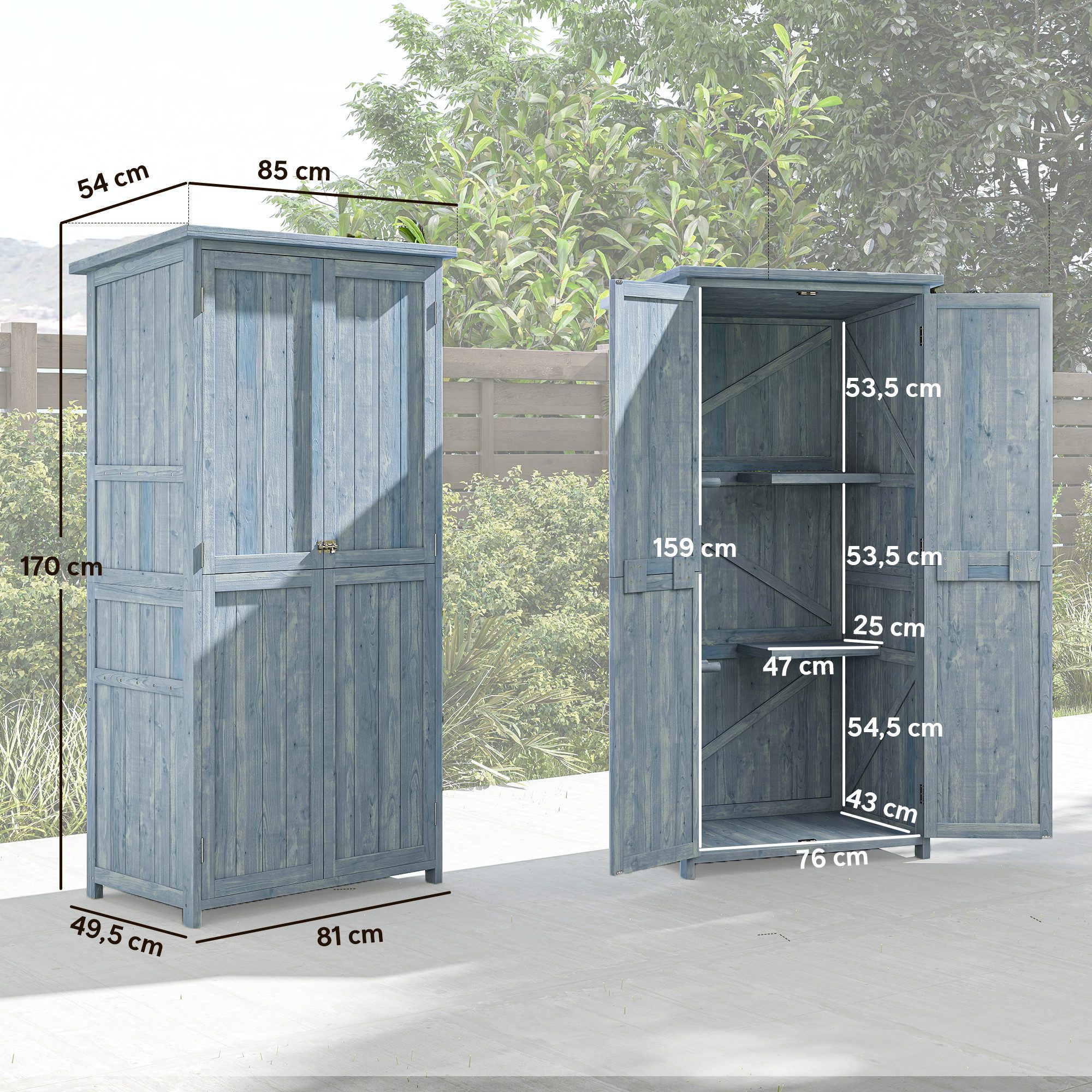 Outsunny Garten-Geräteschrank Outdoor wetterfest Mehrzweckschrank mit Doppeltür, Magnetverschluss, BxT: 85x54 cm, (Outdoor wetterfest Geräteschuppen, 1 St., Holz Gartenschrank), für Garten, Terrrasse 85 x 54 x 170 cm Grau
