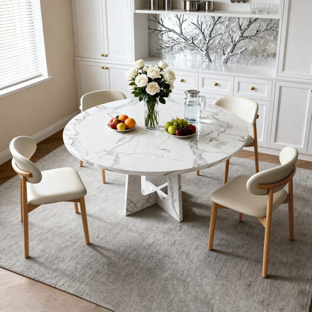 BBWL Esstisch Set mit 4 Stühlen, 120cm MDF Tisch und Holzbeinen, Rundes Esstisch Set für Esszimmer