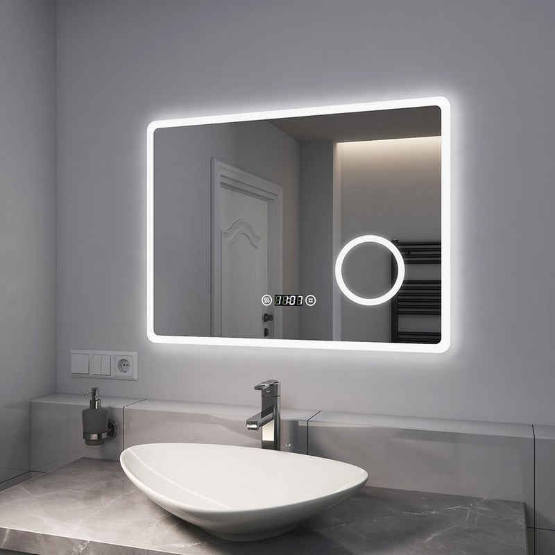 EMKE Badspiegel Badspiegel mit Beleuchtung LED Wandspiegel mit 3-fach Vergrößerung, Touchschalter, Beschlagfrei, Uhr (Modell M)