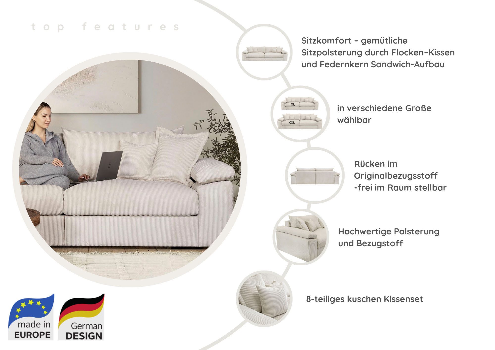 Home affaire Big-Sofa Soft&Cosy XXL, B: 303 cm - OTTO. Verlässliche Qualität., Mega-Sofa, Cord oder Chenille-Struktur, mit Federkern & 4 Zierkissen