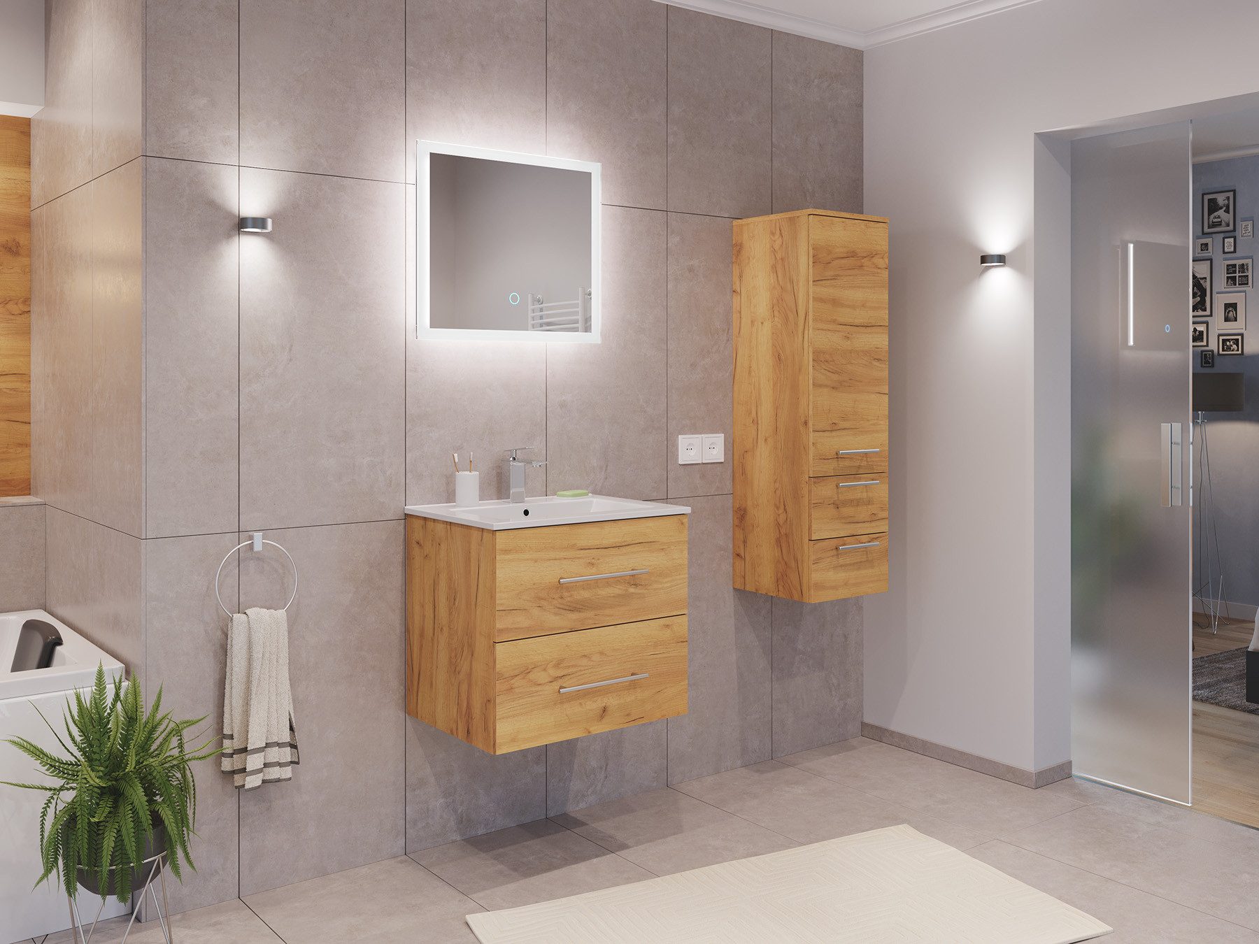 Magnolia Home Waschtisch Badmöbel Set Firenze 60 3tlg. LED Spiegel und Seitenschrank eiche gold