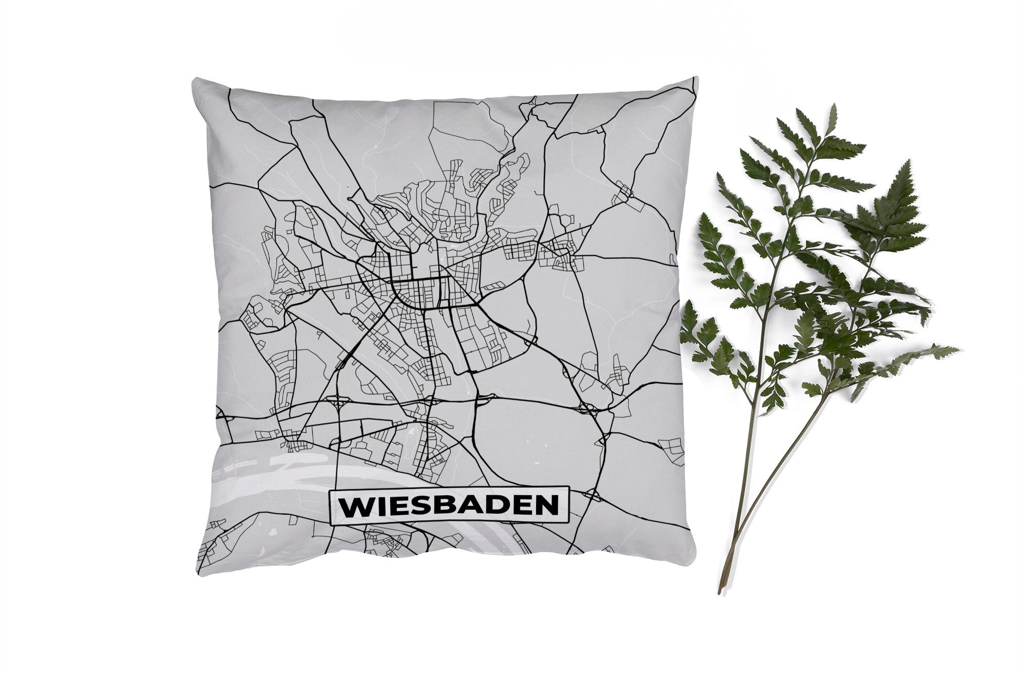 MuchoWow Dekokissen Karte - Stadtplan - Deutschland - Wiesbaden - Karte, Zierkissen mit Füllung für Wohzimmer, Schlafzimmer, Deko, Sofakissen