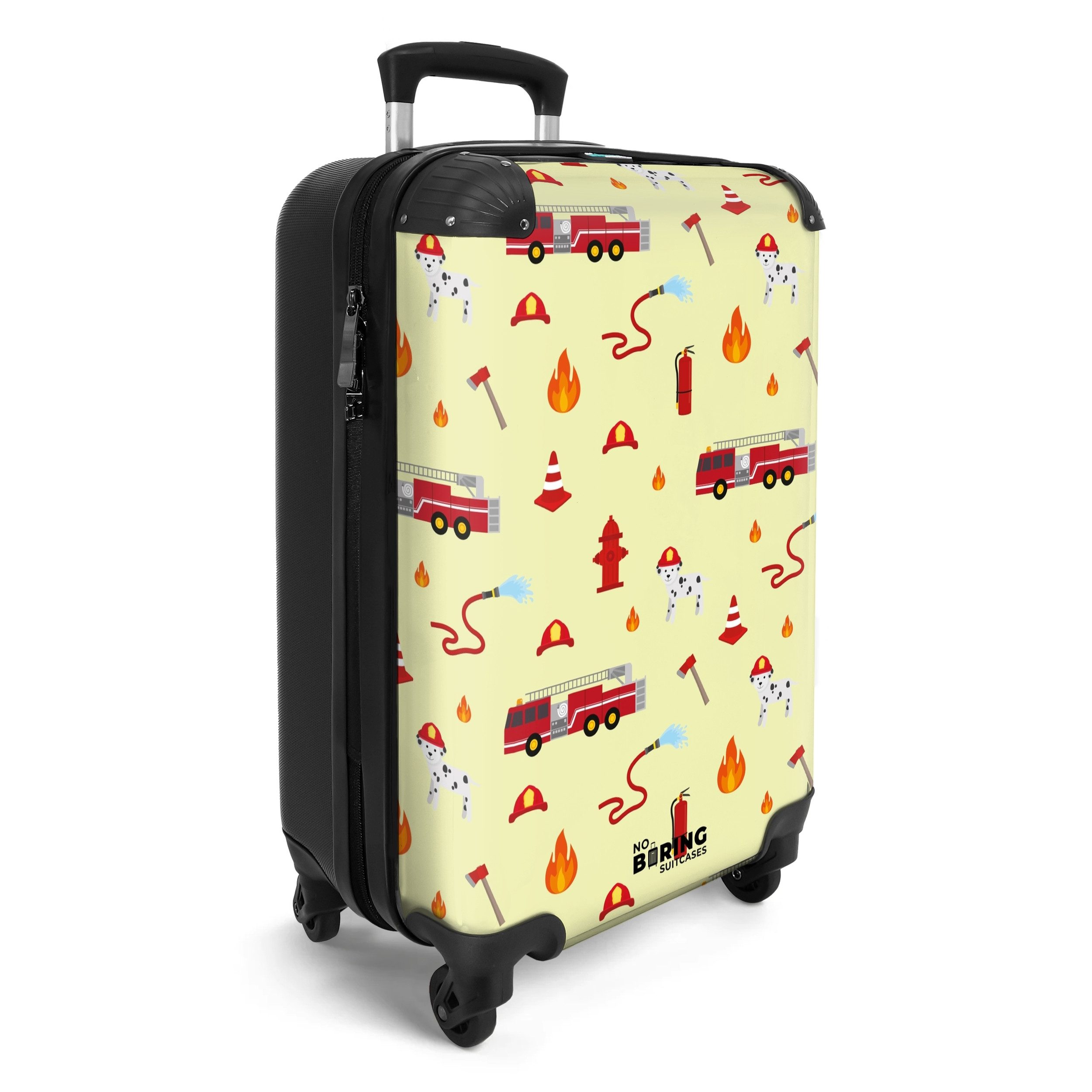 NoBoringSuitcases.com© Kinderkoffer Feuerwehraufstellung mit Fahrzeugen und Flammen 55x35x20cm, 4 Rollen, Kinder Koffer Klein, Trolley Handgepäck, Reisekoffer