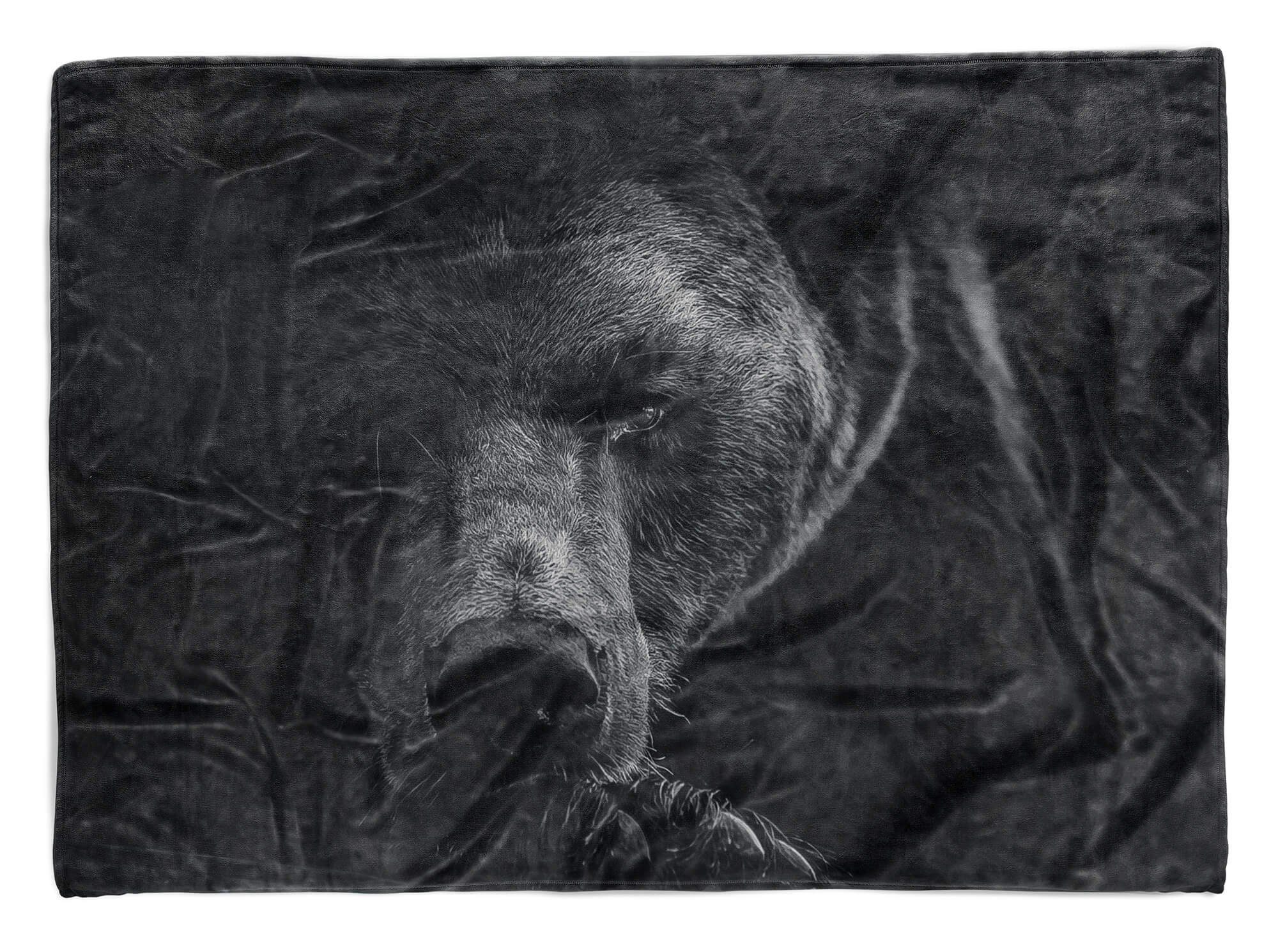 (1-St), Baumwolle-Polyester-Mix Handtuch Schwarz, Handtücher mit Art Bär Sinus Handtuch großer Kuscheldecke Strandhandtuch Tiermotiv Saunatuch