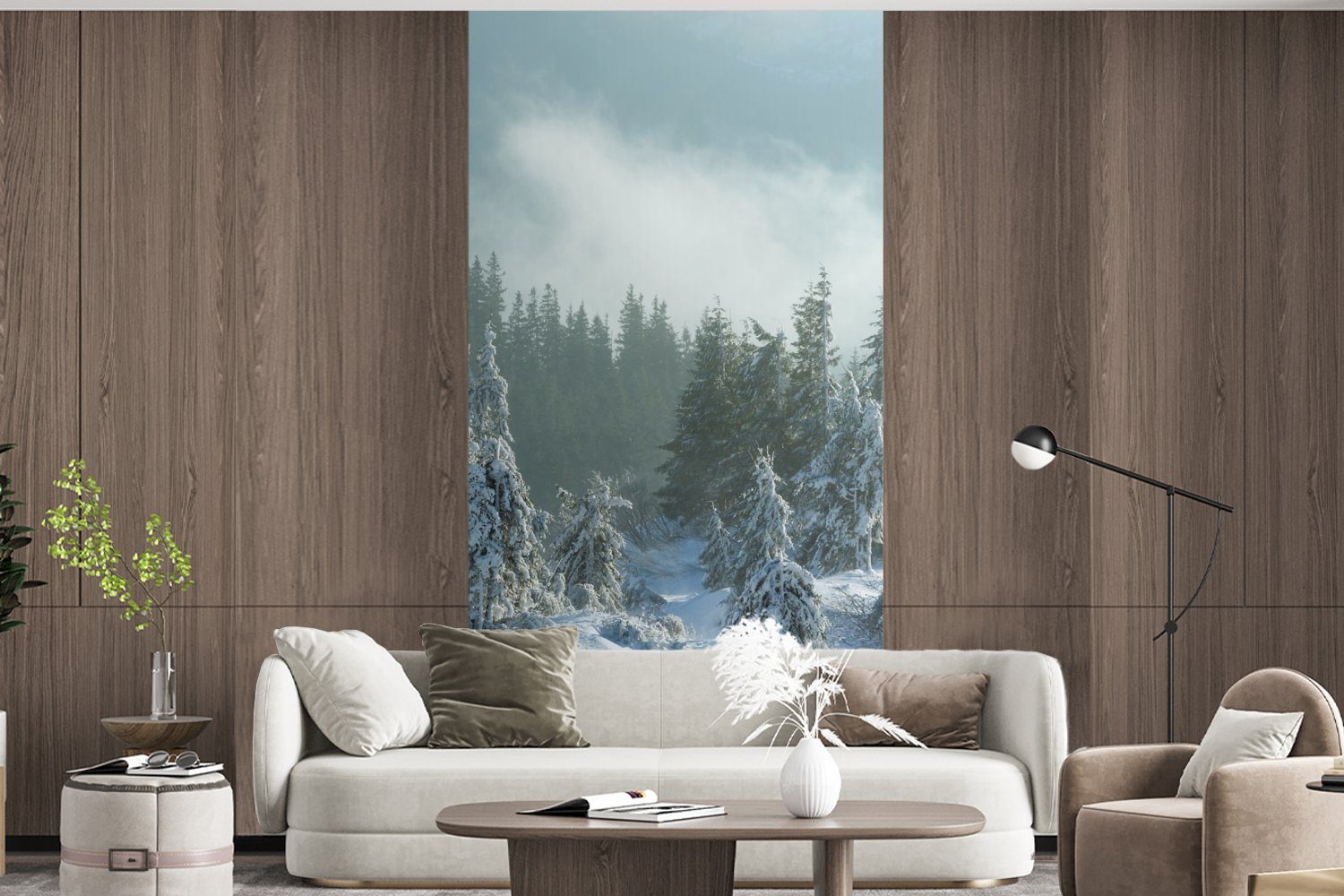 - Schlafzimmer bedruckt, Matt, Winter, St), für Wohnzimmer MuchoWow Fototapete Küche, Fototapete Wald - Vliestapete Schnee (2