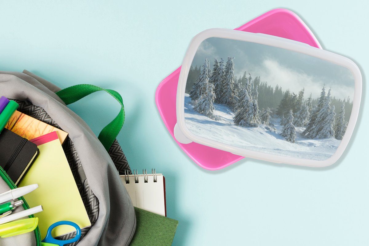 Kunststoff, Mädchen, Kinder, Lunchbox Wald Kunststoff Erwachsene, Brotdose Winter, für - Schnee Brotbox rosa Snackbox, (2-tlg), - MuchoWow