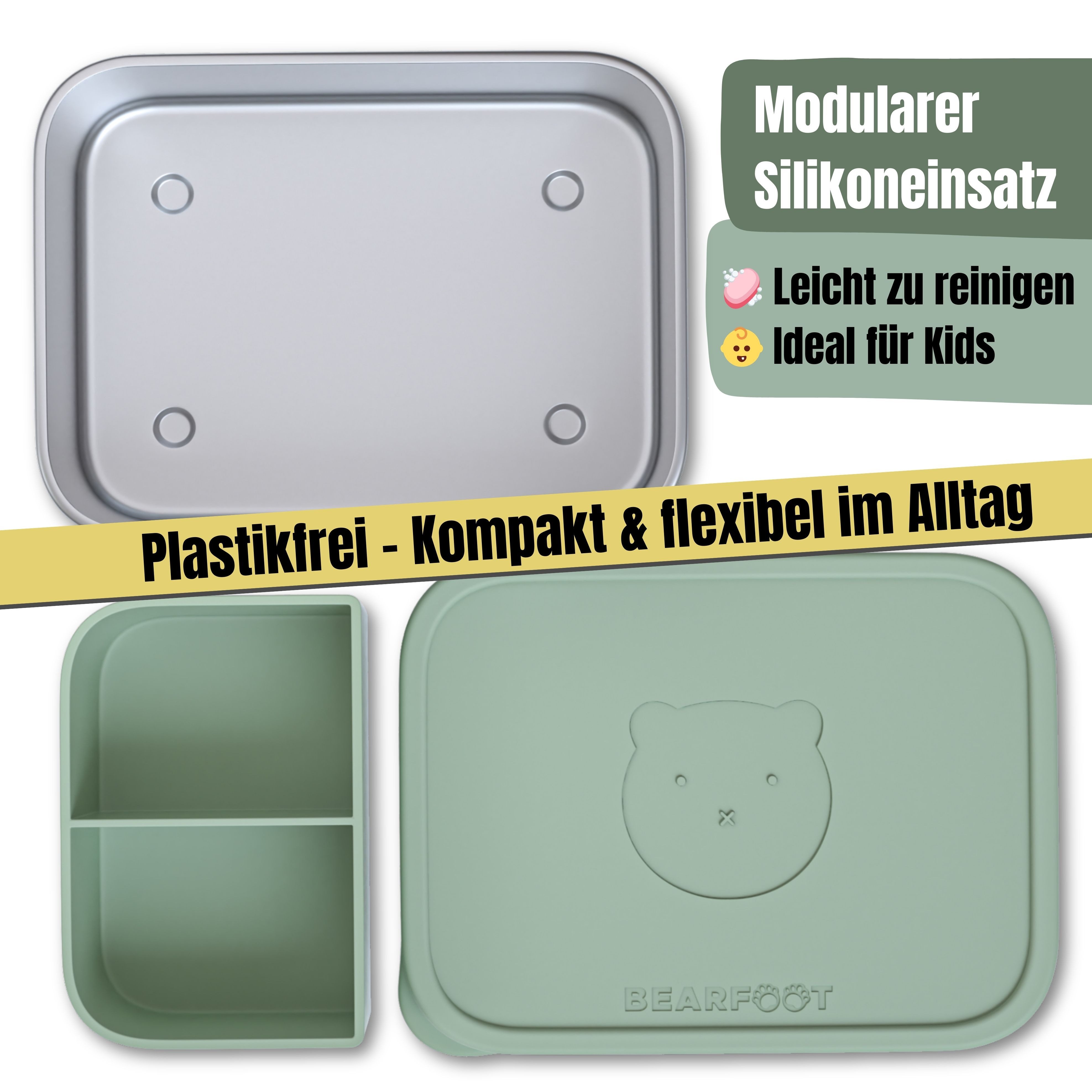 BEARFOOT Lunchbox Brotdose Kinder Edelstahl mit Silikoneinsatz - Salbei, Kindergarten und Schule - Mädchen und Jungen, Vesperbox, Snackbox – Bild 3 von 5