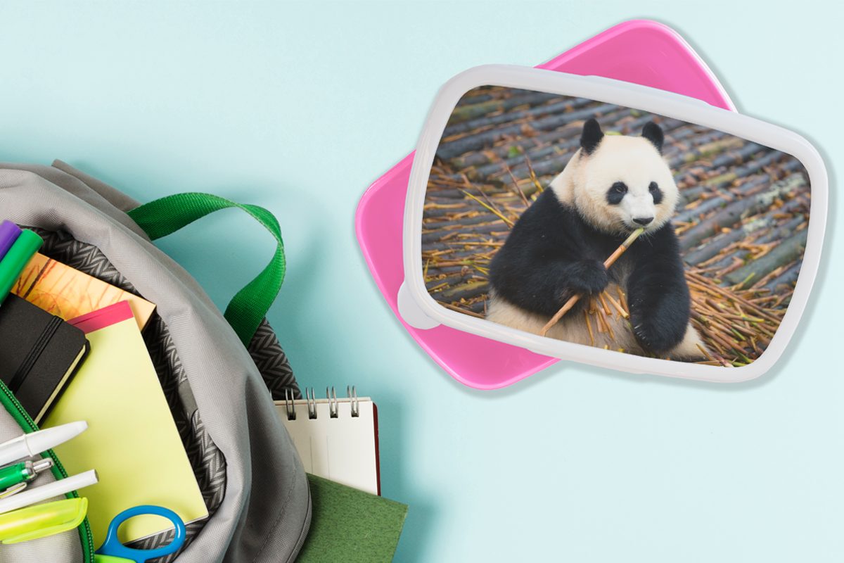 Brotdose Bambus Mädchen, Brotbox Snackbox, Erwachsene, Lunchbox Kunststoff MuchoWow Blätter, Kinder, rosa Kunststoff, (2-tlg), für Panda - - Großer