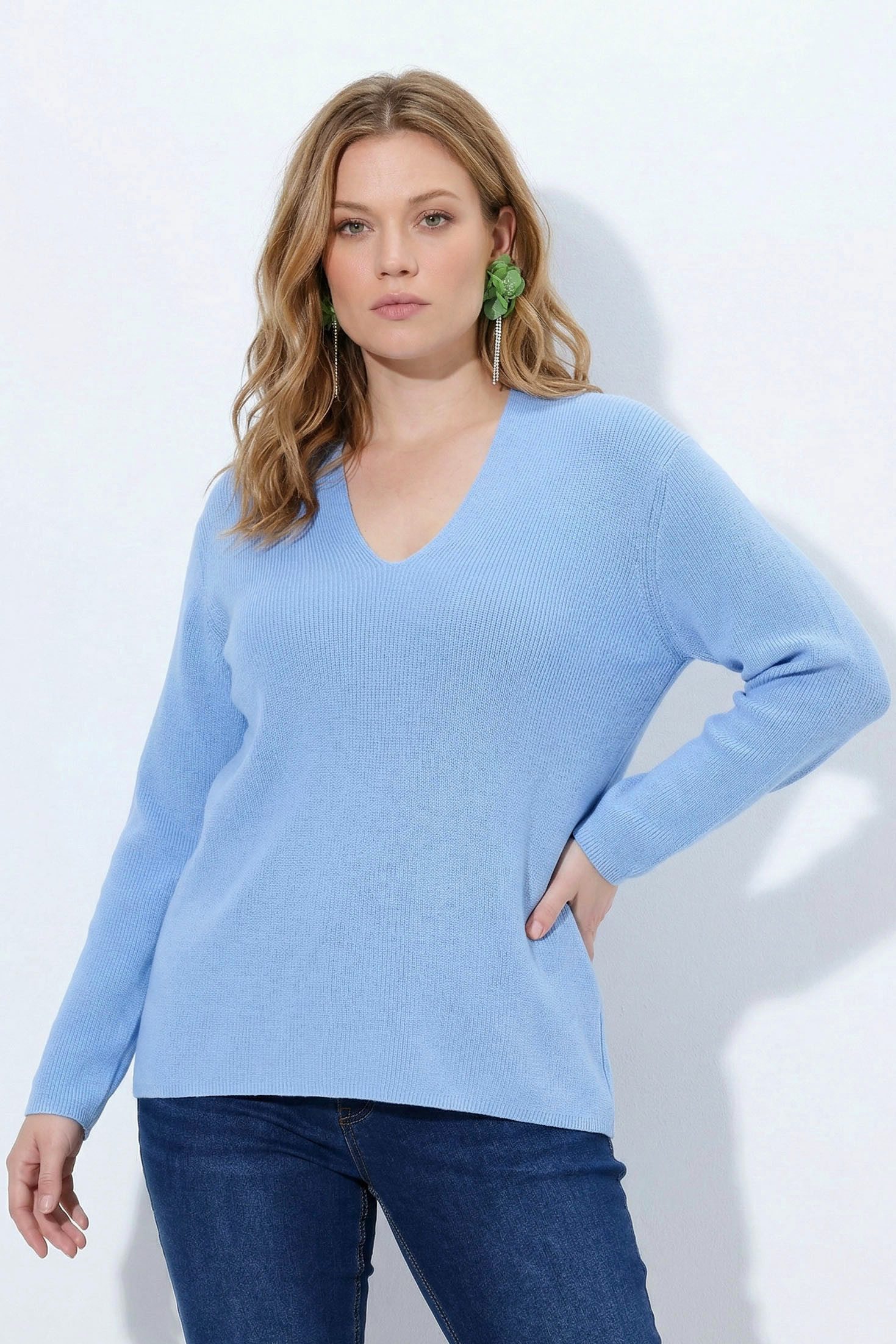 Ulla Popken Strickpullover Pullover Kelchkragen V-Ausschnitt Langarm