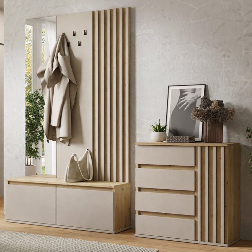Lomadox Garderoben-Set DAVIS-166, (Spar-Set, 2-St., Kommode Garderobe), Eiche Dekor Kaschmir Beige Lamellen-Design grifflos modern