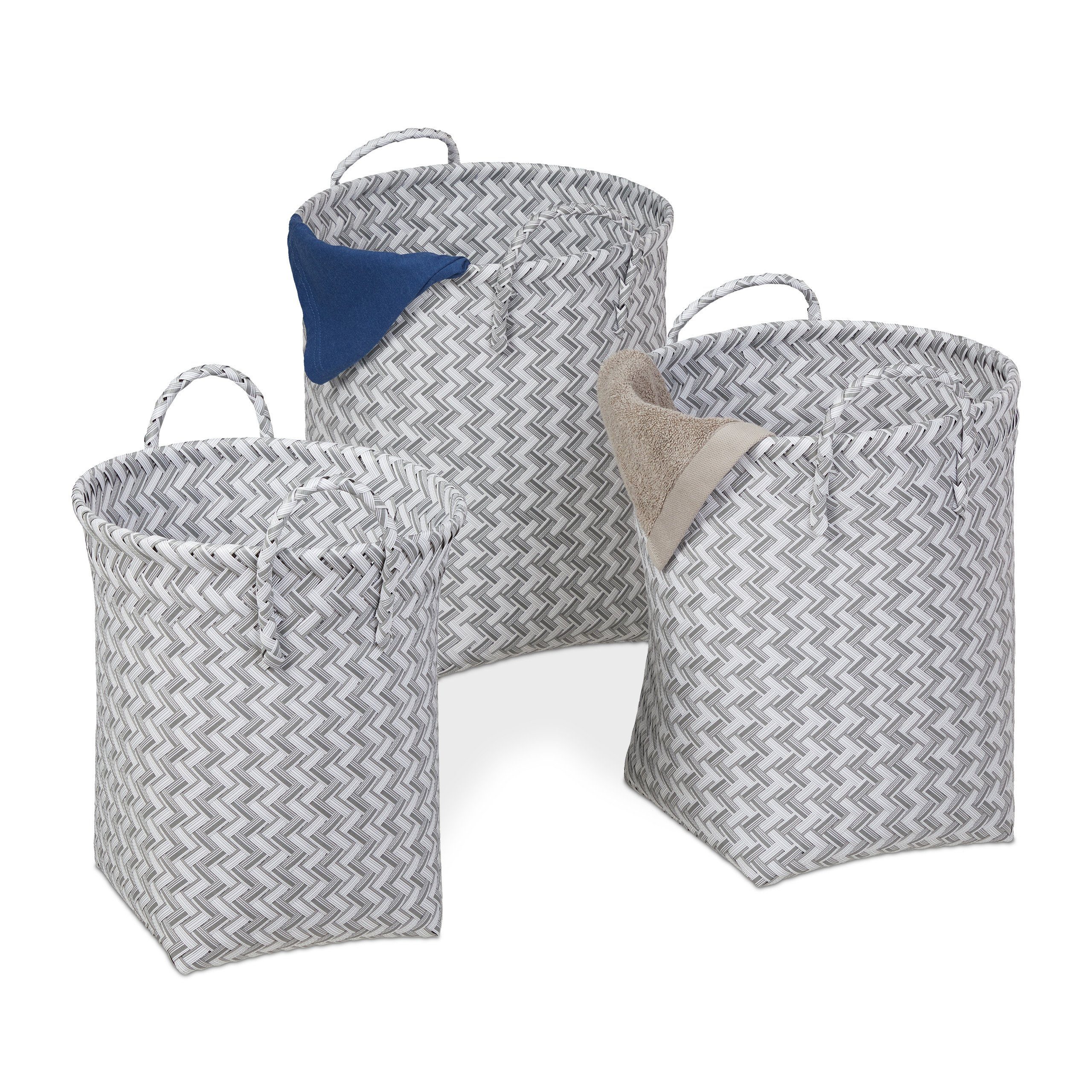 relaxdays Wäschekorb geflochten 3er Set (3 St), Weiss-grau