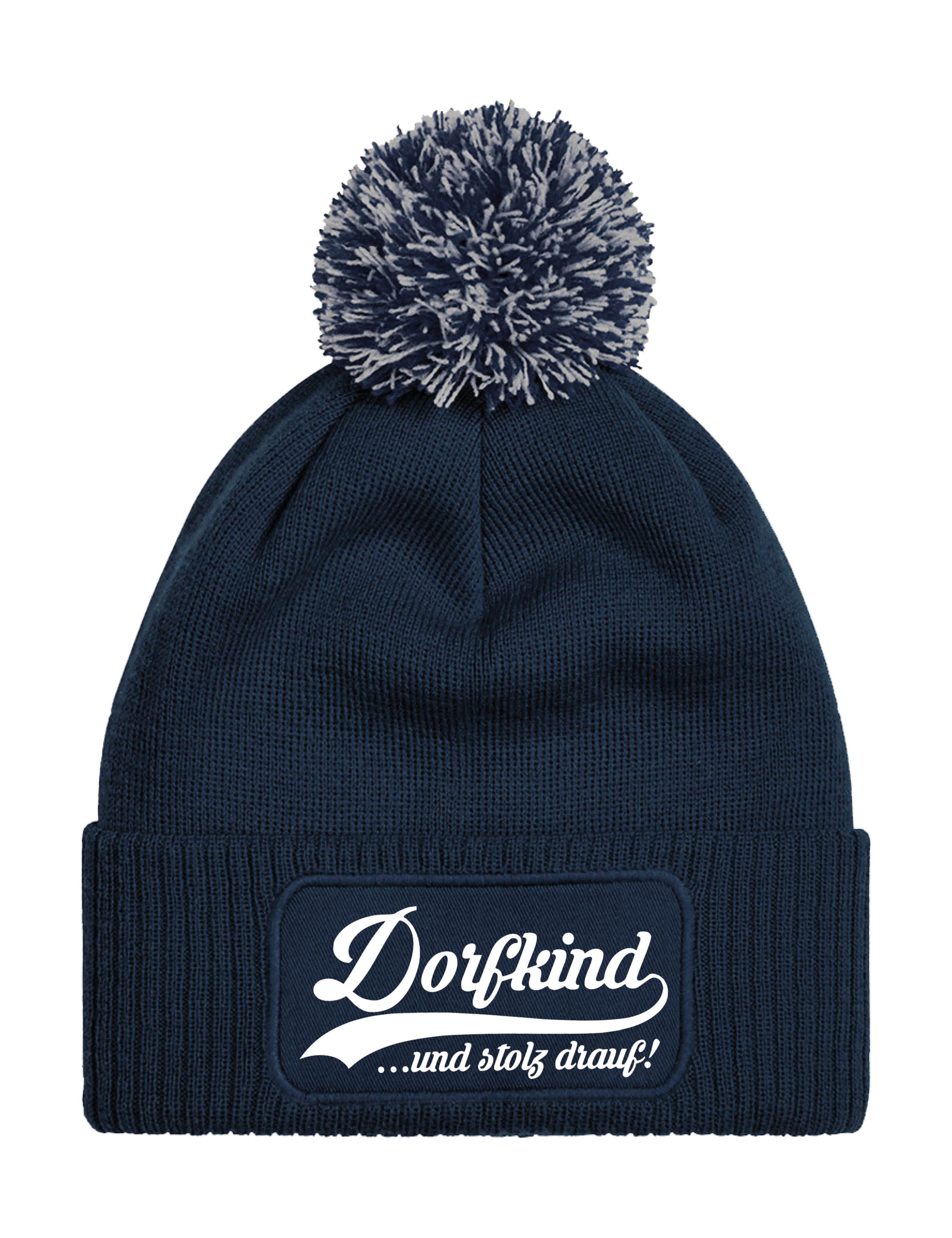 Beanie Unisex Strick Bommel Beanie Mütze mit Dorfkind Aufdruck Geschenk