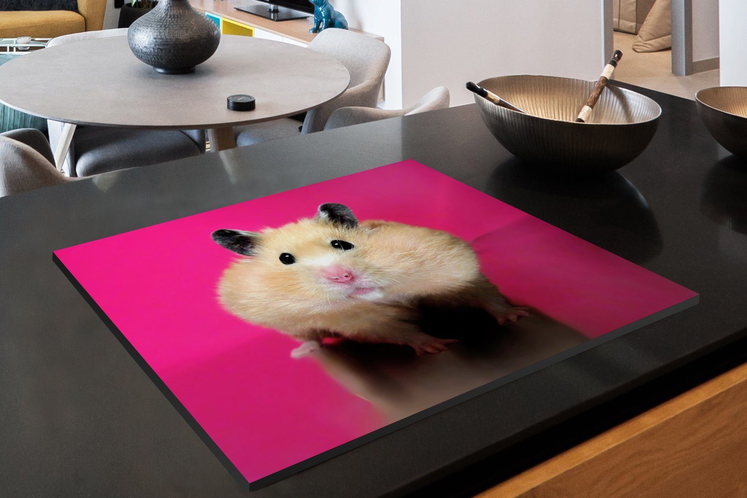 Arbeitsfläche Hamster cm, (1 rosa Hintergrund, tlg), nutzbar, mit 70x52 Herdblende-/Abdeckplatte Mobile Vinyl, Ceranfeldabdeckung MuchoWow