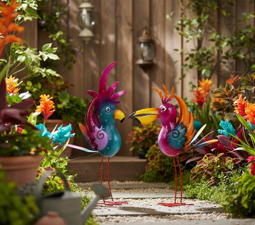 MF Gartenfigur Gartendeko Figuren Metall Vögel bunt 2er Set Lireno, (2 St)