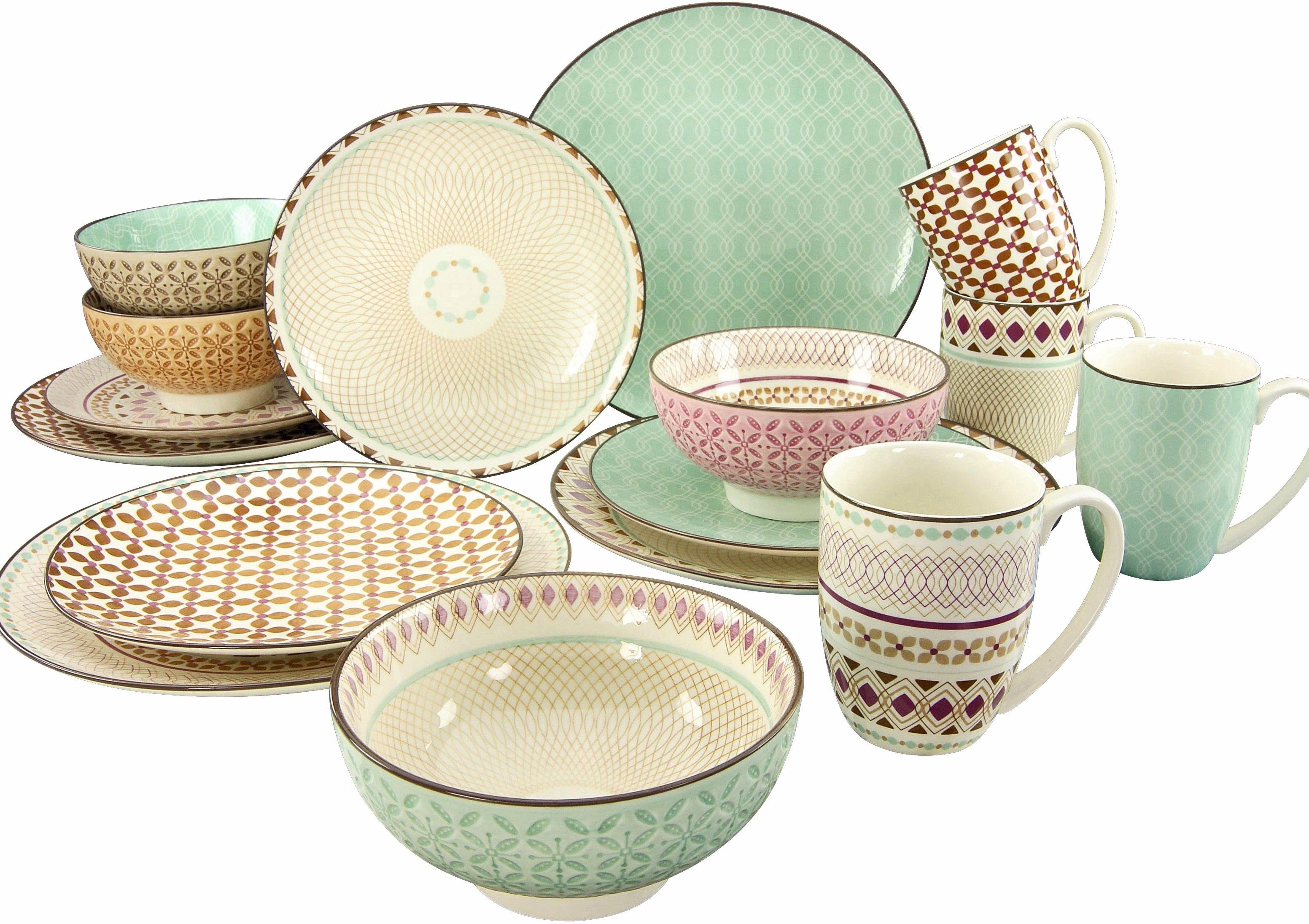 CreaTable Комбіноване обслуговування Geschirr-Set Mandala (16-tlg), 4 Personen, Steinzeug, Service, 4 Designs, 16 Teile, für 4 Personen