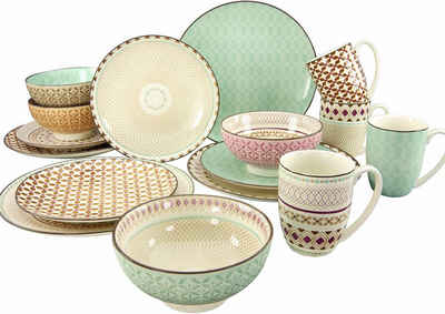 CreaTable Kombiservice Geschirr-Set Mandala (16-tlg), 4 Personen, Steinzeug, Service, 4 Designs, 16 Teile, für 4 Personen