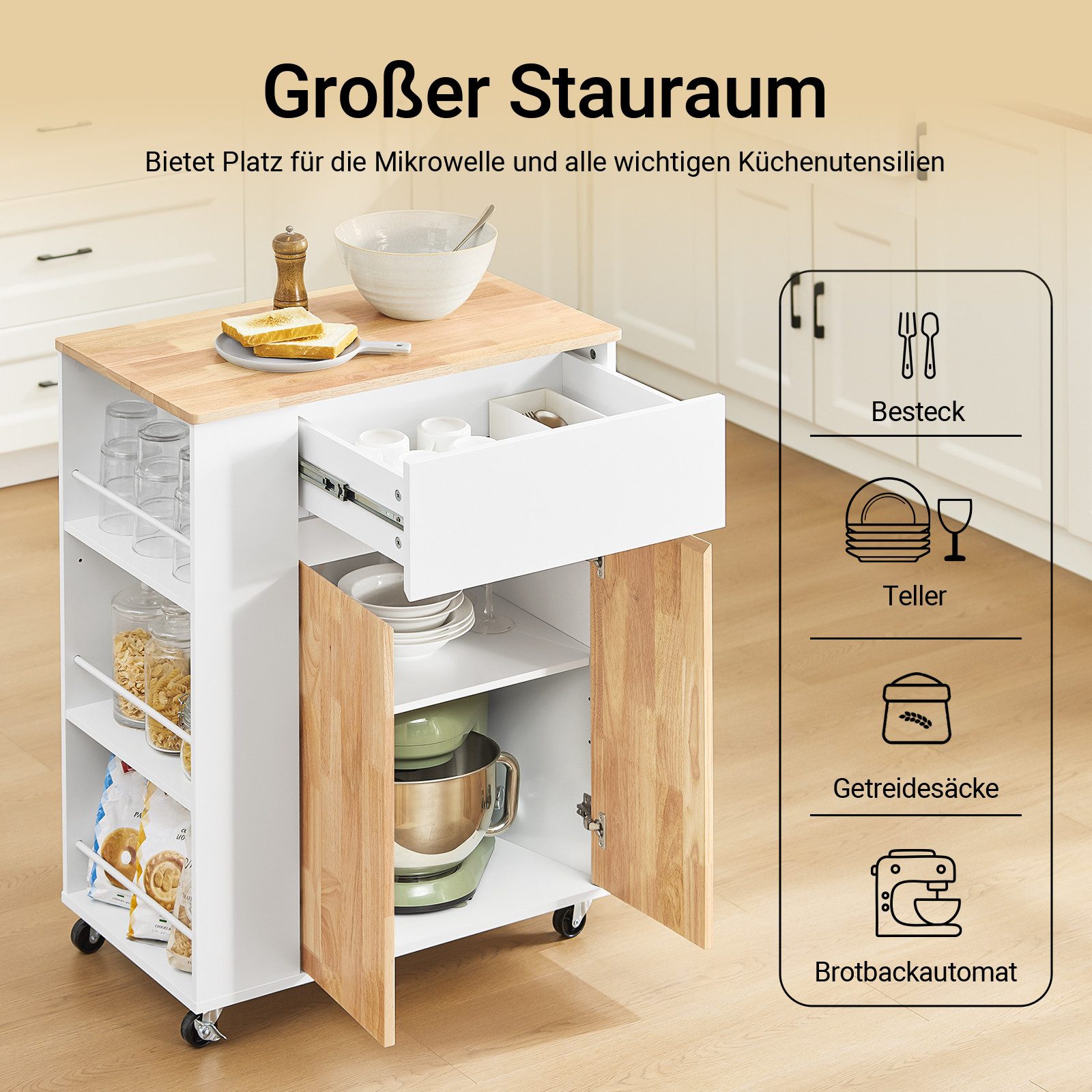 SoBuy Küchenwagen FKW132, Servierwagen mit Rollen Küchentrolley Beistellwagen, Küchenregal Küchenschrank auf Rollen, mit Gewürzregal, Küche Esszimmer – Bild 3 von 5