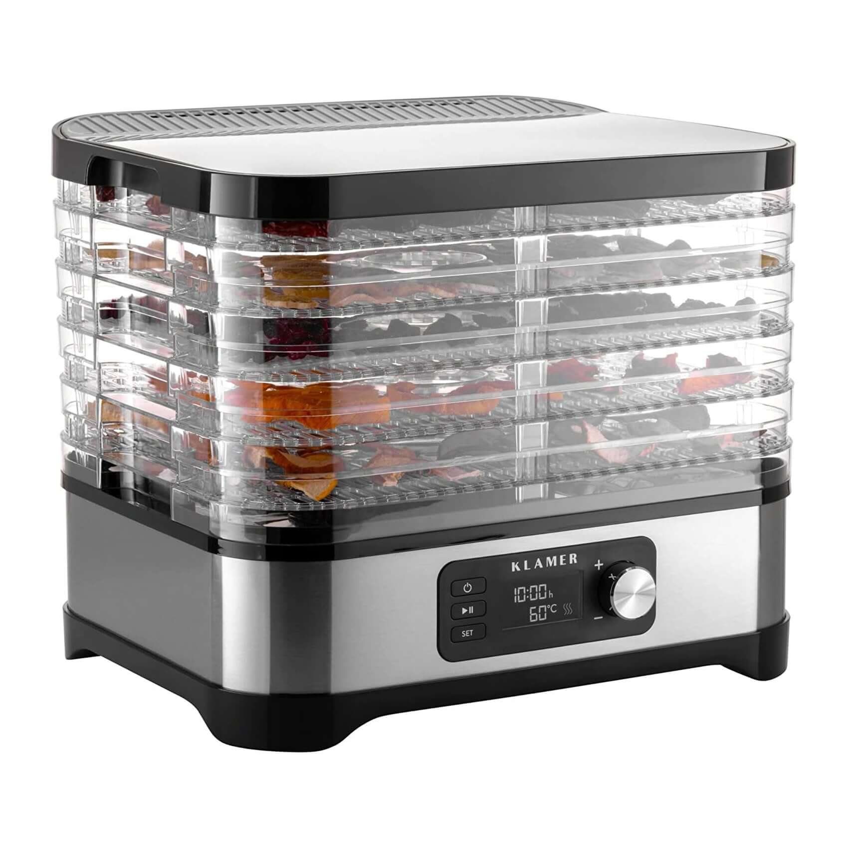 KLAMER Dörrautomat Edelstahl 400W, 5 Etagen, 24h Timer, 35–70°C Temperaturregler, BPA-fr… 400 W, 5 Etagen, gleichmäßige Trocknung, präzise Temp., Gitter & Deckel BPA-frei