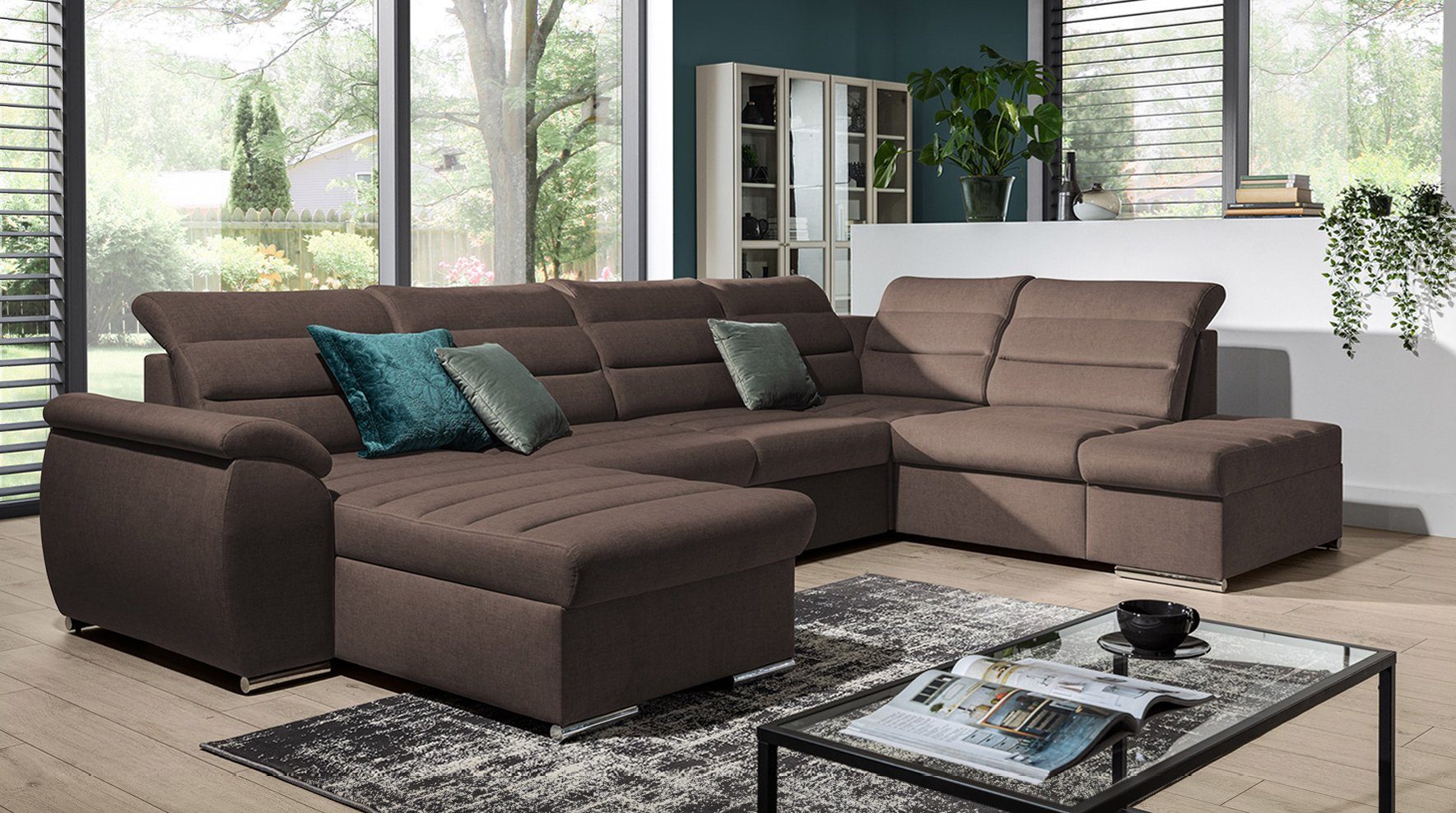 Stylefy Wohnlandschaft Karos, U-Form, Sofa, wahlweise mit Bettfunktion und Bettkasten, mane links oder rechts bestellbar, frei im Raum stellbar, Sitzkomfort, mit Steppung Braun