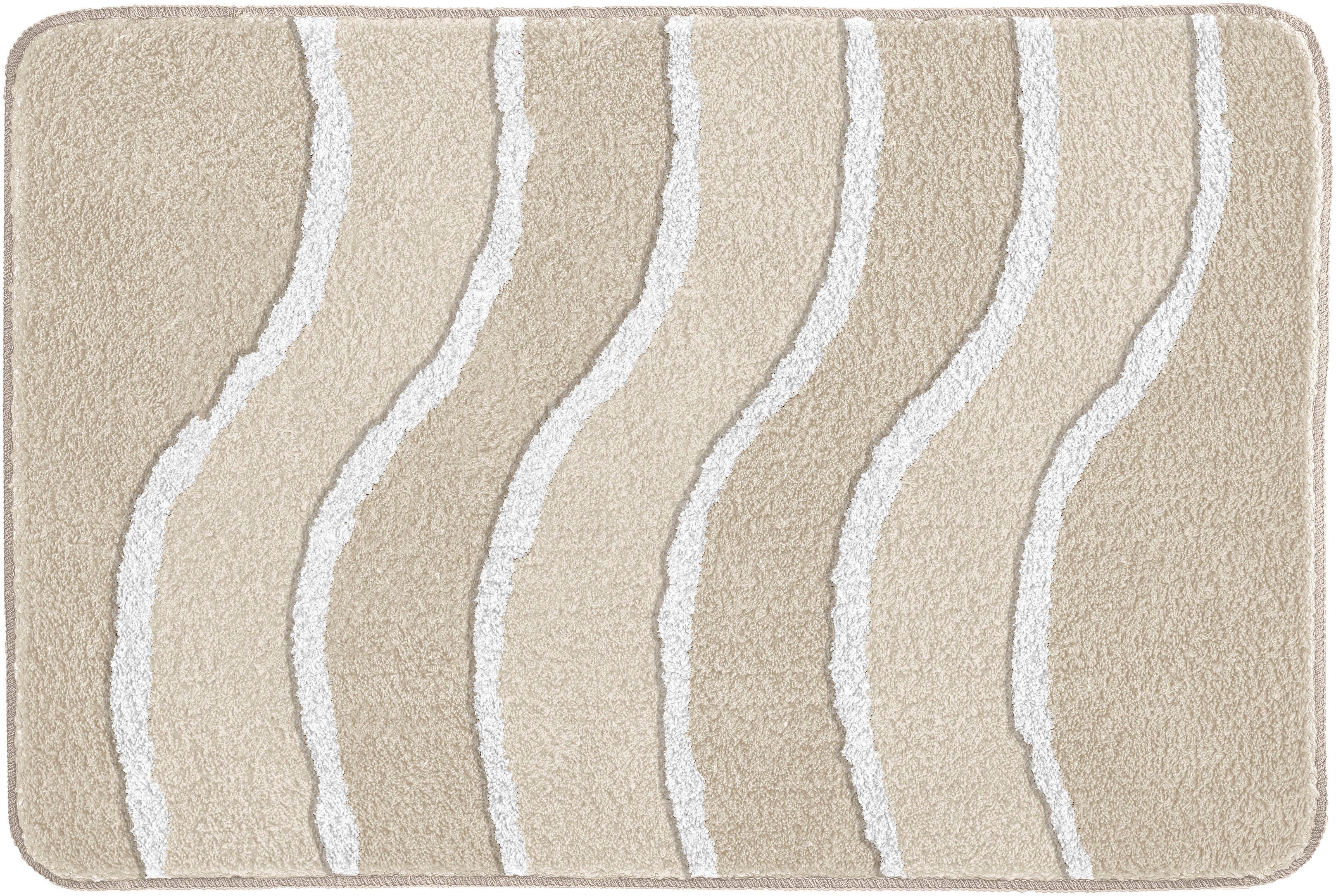 MEUSCH Badematte Lara, Höhe 20 mm, rutschhemmend beschichtet, fußbodenheizungsgeeignet, Polyester, rechteckig, Wellen-Design mit flauschigen weißen Akzenten