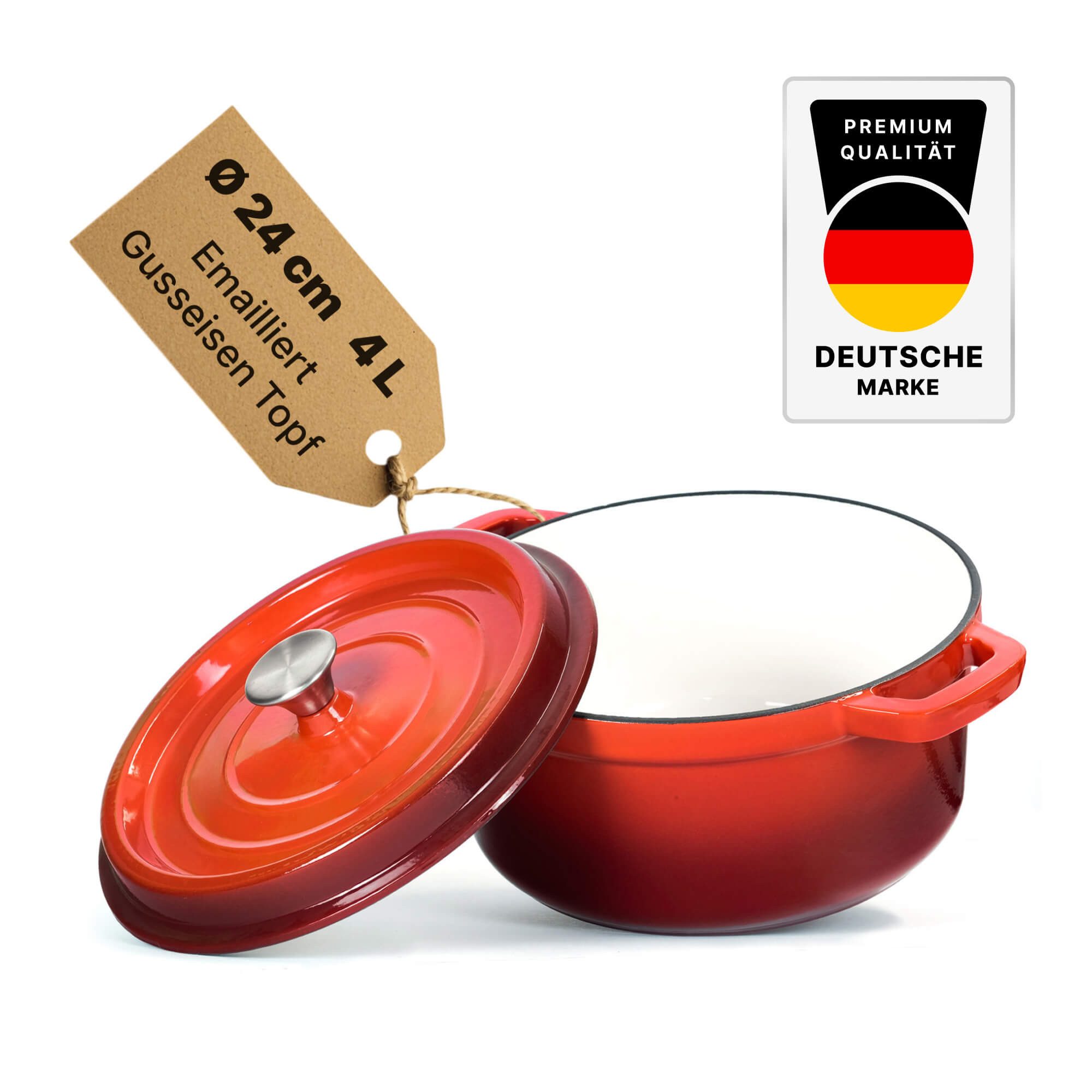 BIG-PAN Kochtopf Emaillierter Gusseisen Topf mit Deckel Ø24 cm 4L Bräter Dutch Oven, Gusseisen (Induktionsgeeignet Backofenfest, Kasserolle Brotbacktopf Cocotte)