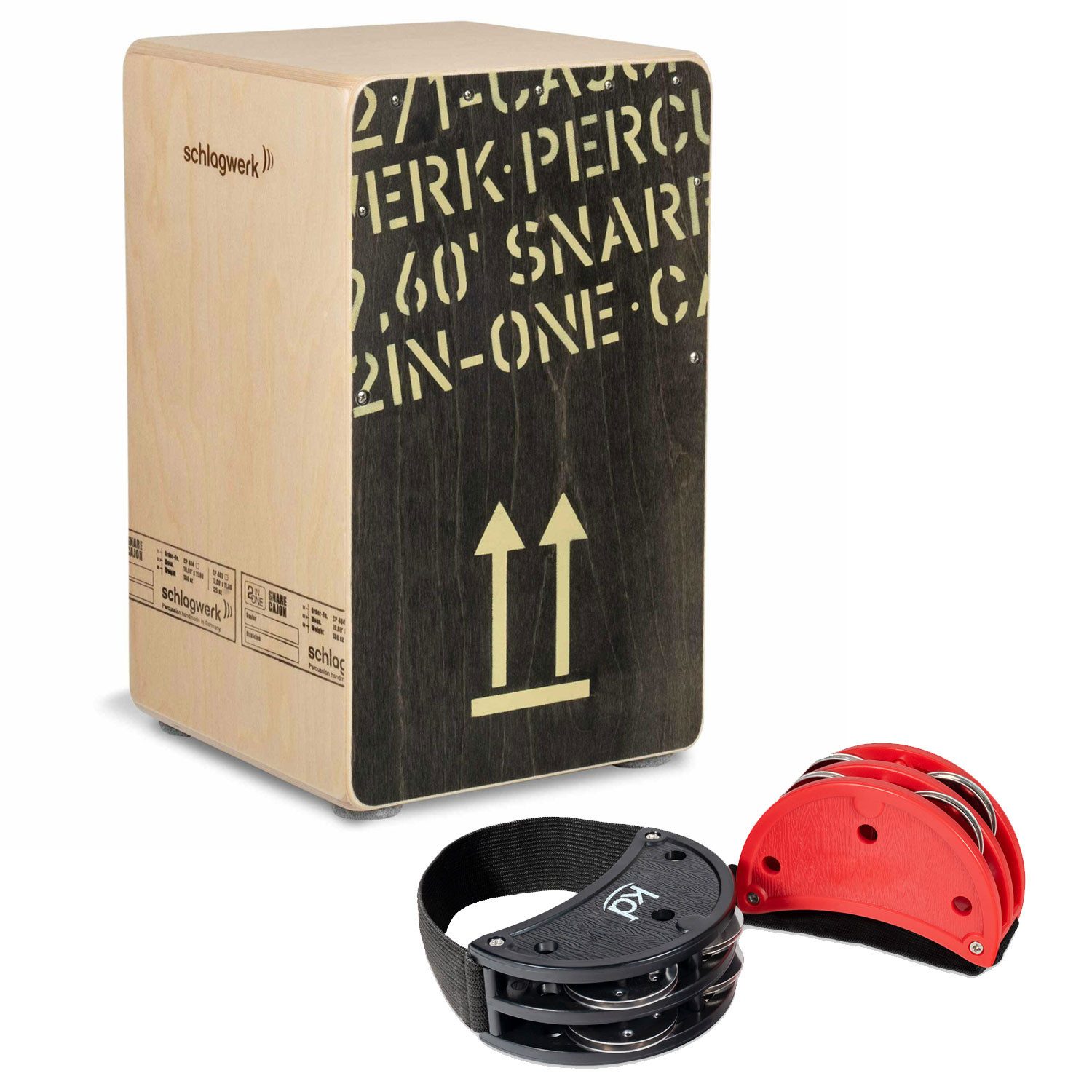 Schlagwerk Cajon Schlagwerk Cajon CP404 BLK Schwarz mit Fußtambourin-Set, Cajon, Vorteils-Set mit Fußtambourin-Set