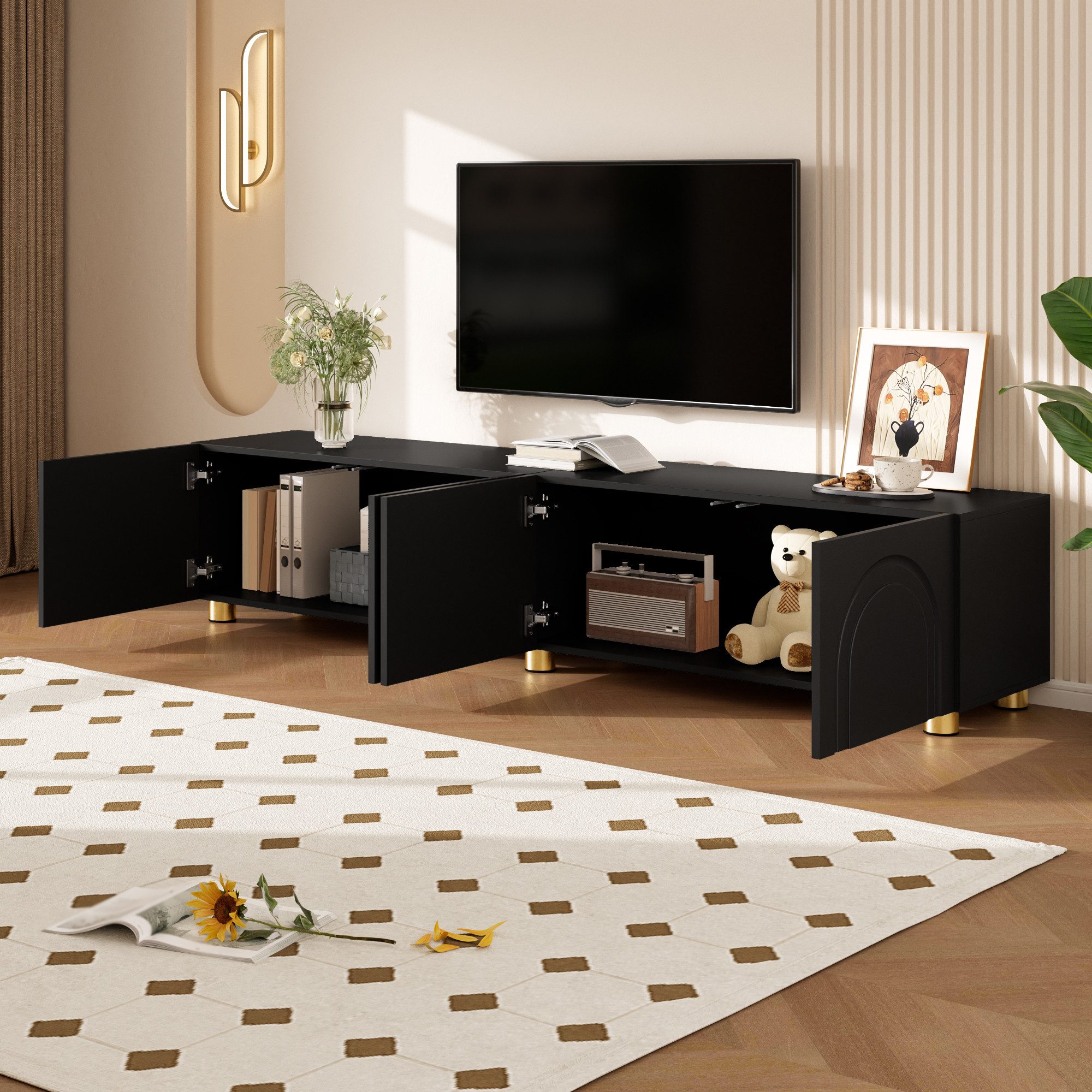 Merax Lowboard mit Bogenrelief und Metallfüßen (180 x 35 x 40 cm (L x B x H), 1 St), TV-Board TV-Schrank mit 4 Türen & großem Stauraum