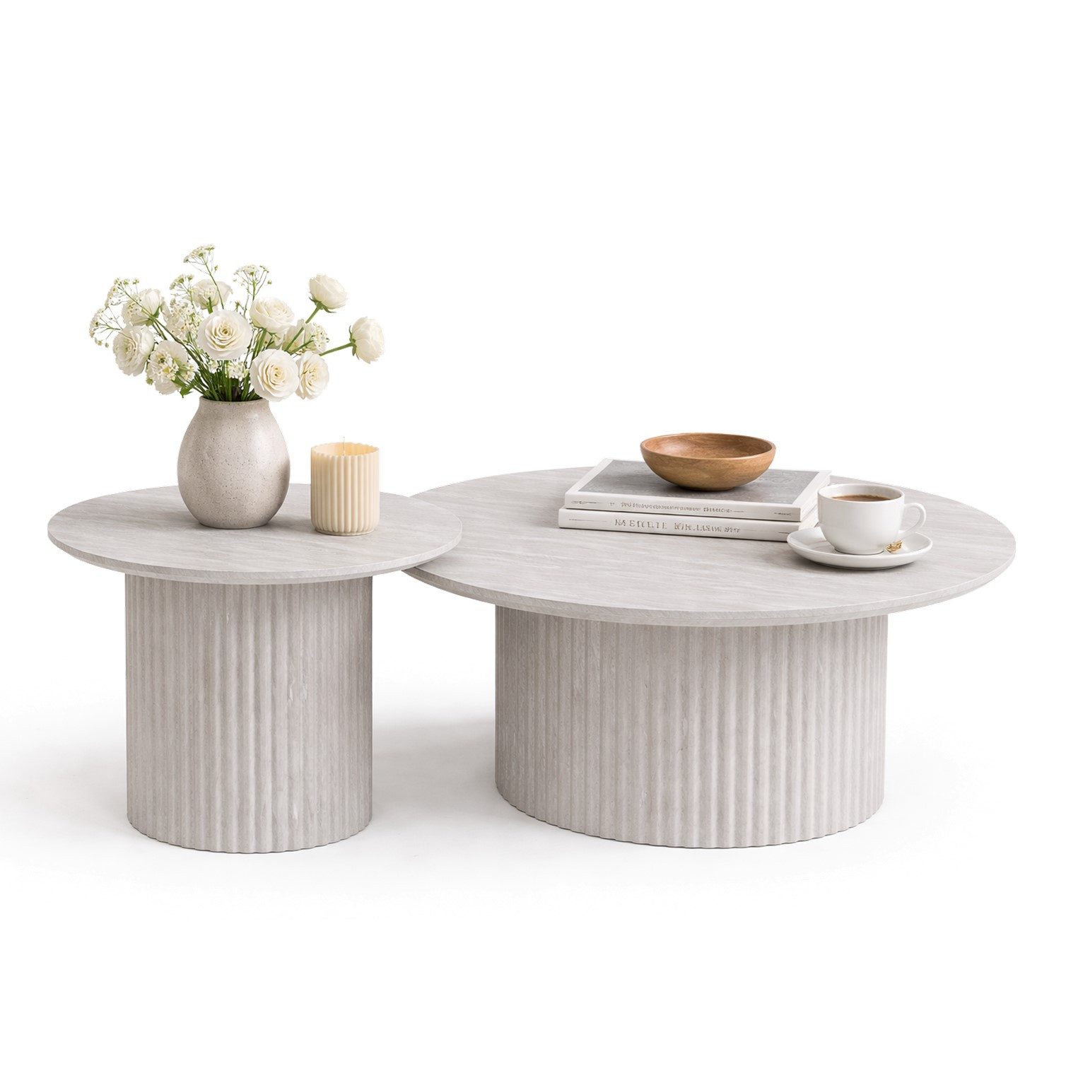 HOOZ Couchtisch Wohnzimmertisch rund 2er Set Trommel Gestell Marmoroptik Kalk 80&60 cm (Set, 2-St., 2× Satztisch), Sofatisch mit geriffeltem Gestell – stabil & pflegeleicht