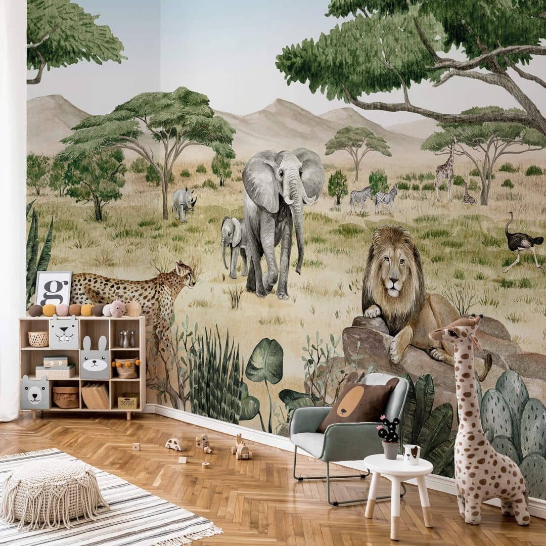K&L Wall Art Fototapete Fototapete Baby Kinderzimmer Safari Zoo Dschungel Tiere Natur Vliestapete, große XXL Motivtapete