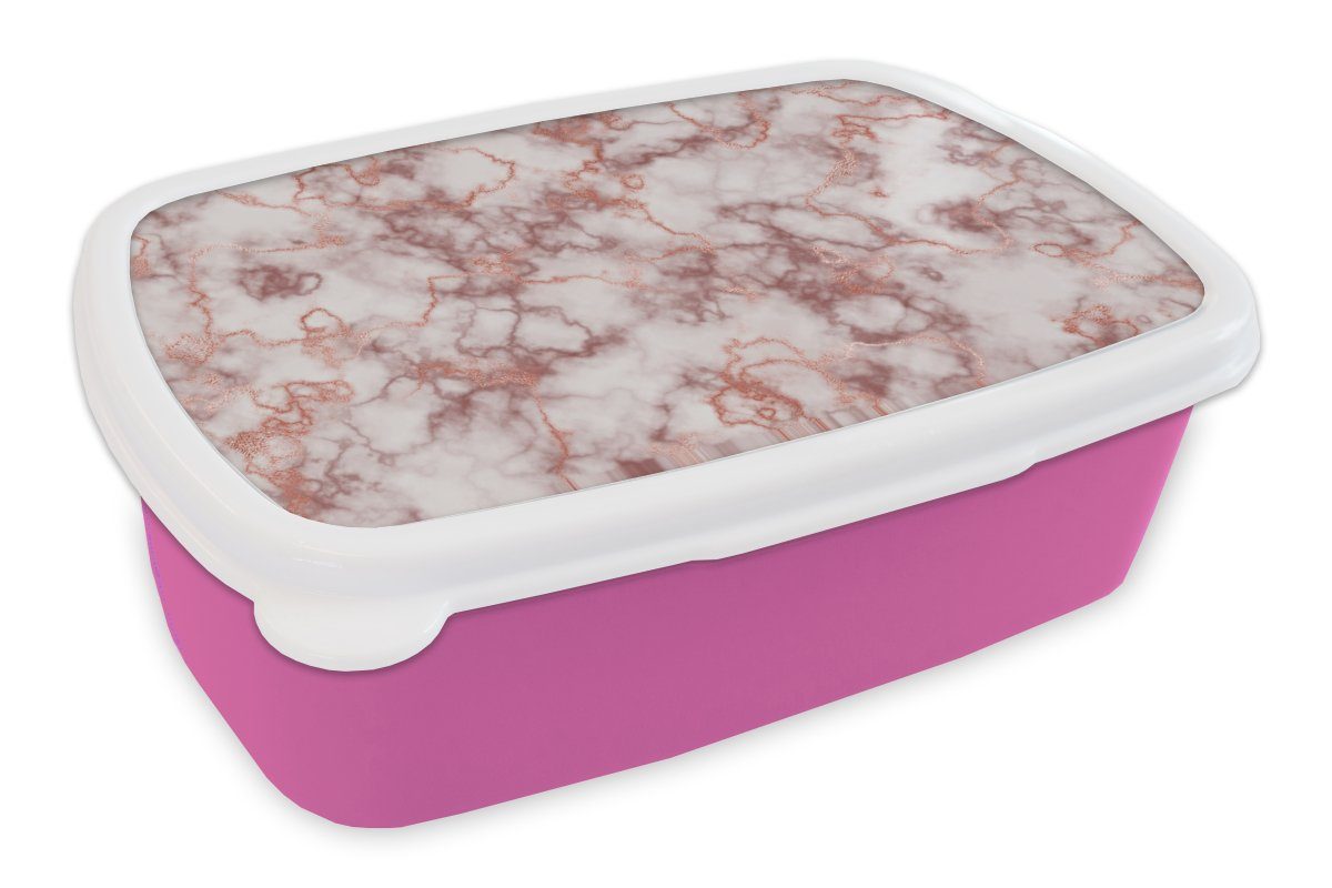 Marmor Brotbox Kunststoff - Erwachsene, Achat rosa Mädchen, Kunststoff, (2-tlg), Snackbox, MuchoWow Luxus, Kinder, - Roségold Lunchbox für Brotdose -